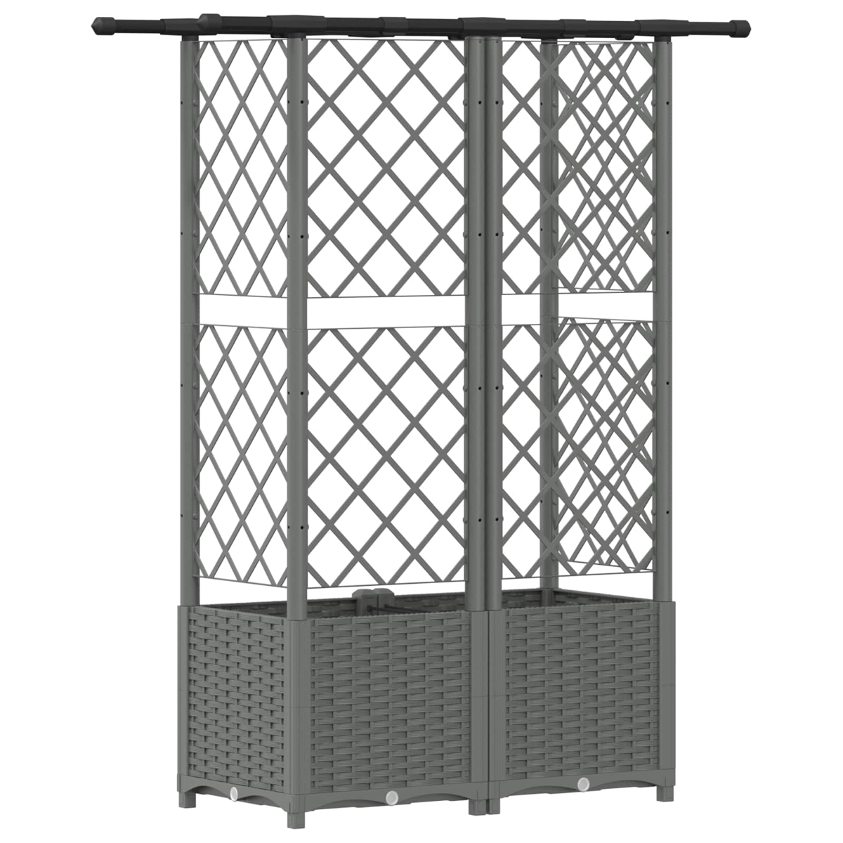 Grauer Pflanzkübel aus Rattan mit integriertem Spalier und horizontalen Stangen.