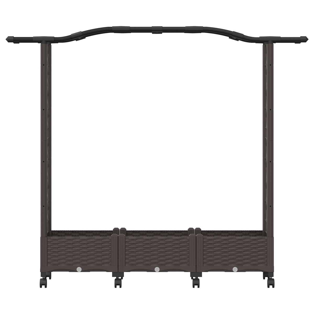 Brauner Gartenbogen aus Rattan-Optik mit Pflanzkästen und Rollen.