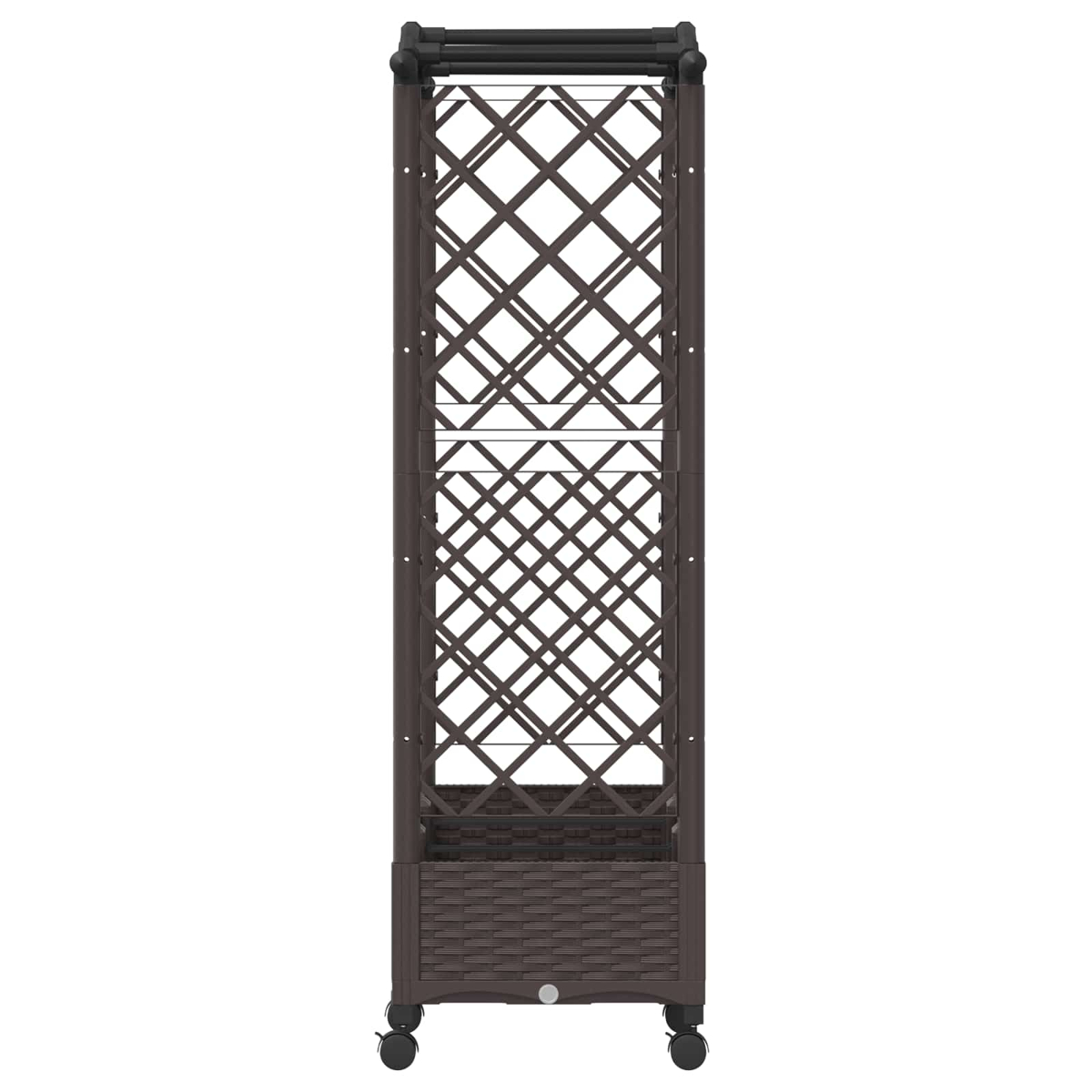 Ein braunes Weinregal aus Rattan mit Kreuzmuster und Rollen.