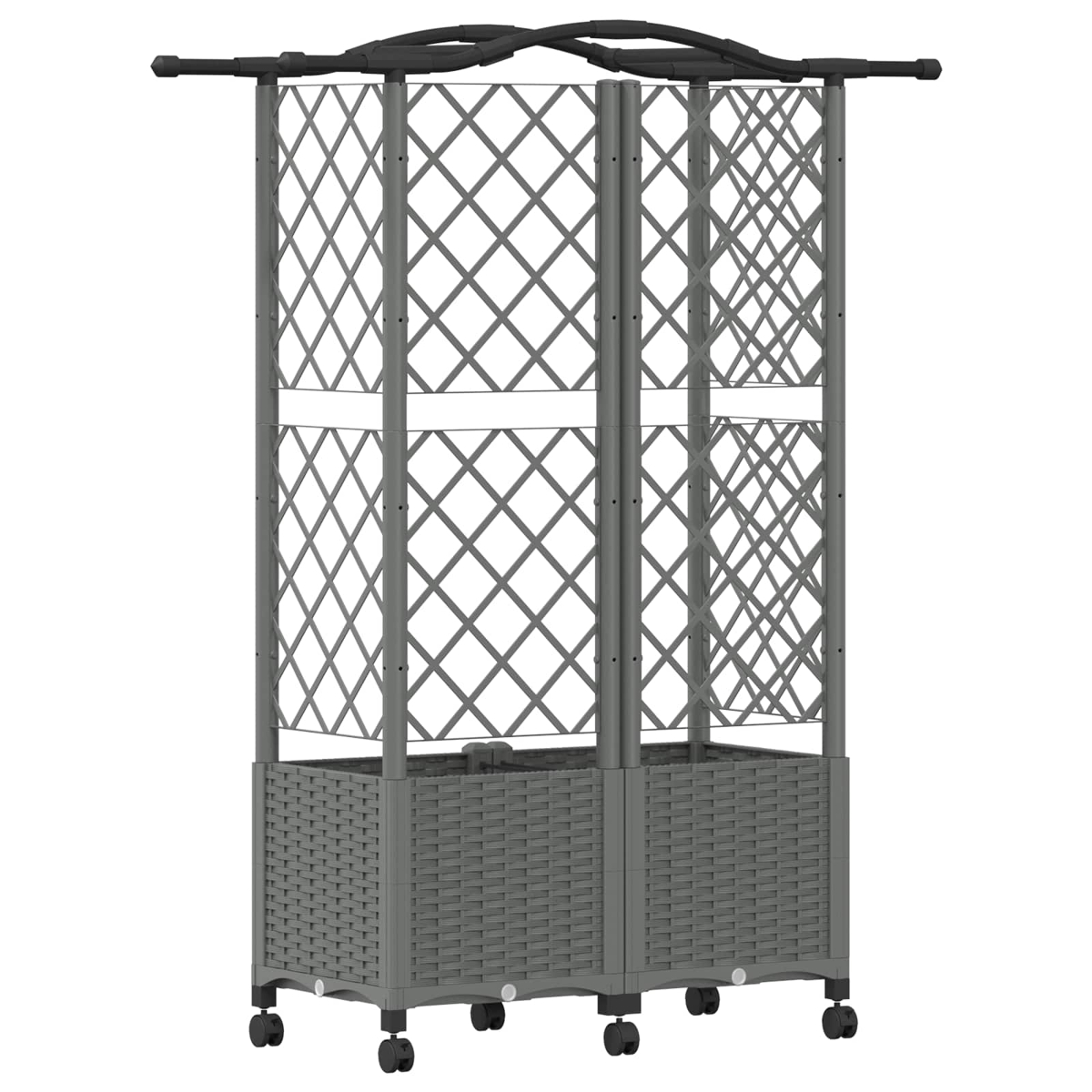 Grauer Metall-Gartenbogen mit integrierten Pflanzkästen auf Rädern.
