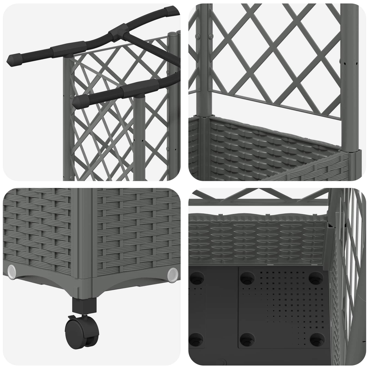Vier Nahaufnahmen zeigen graue Pflanzkübeldetails mit Rankgitter, Rattanmuster, Rollen und Innenboden.
