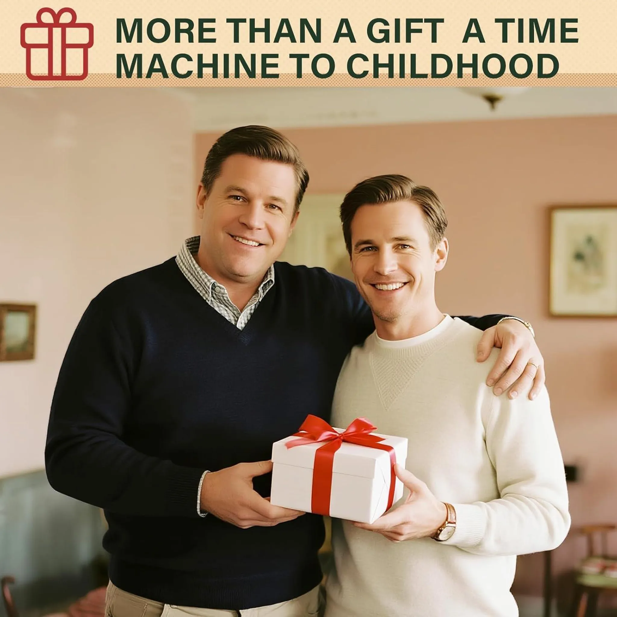 Zwei smiling Männer halten gemeinsam ein weißes Geschenk mit roter Schleife. Text: More than a gift a time machine.