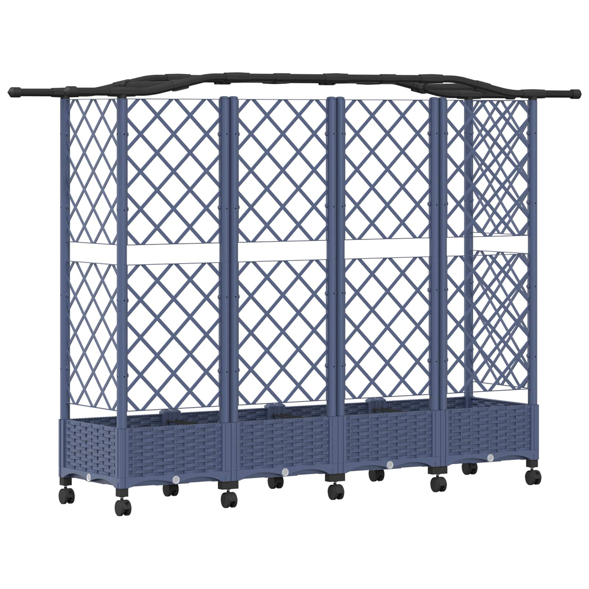 Blauer Rankkasten aus Kunststoff mit Rollen, integriertem Bogen, Rattandekor unten und diagonalem Gitter oben.