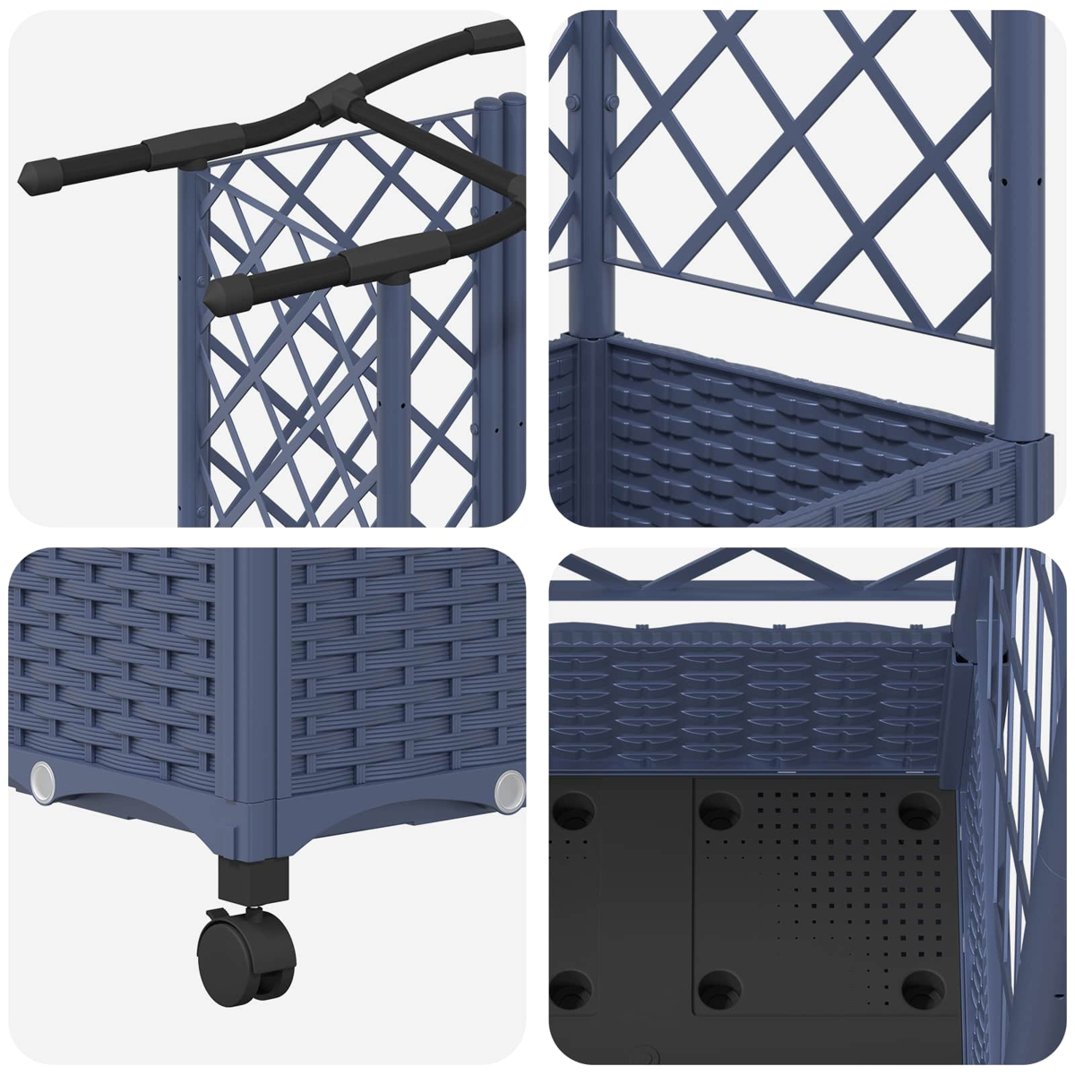 Details einer blauen Pflanztreppe mit Rollen und Gitterwand.