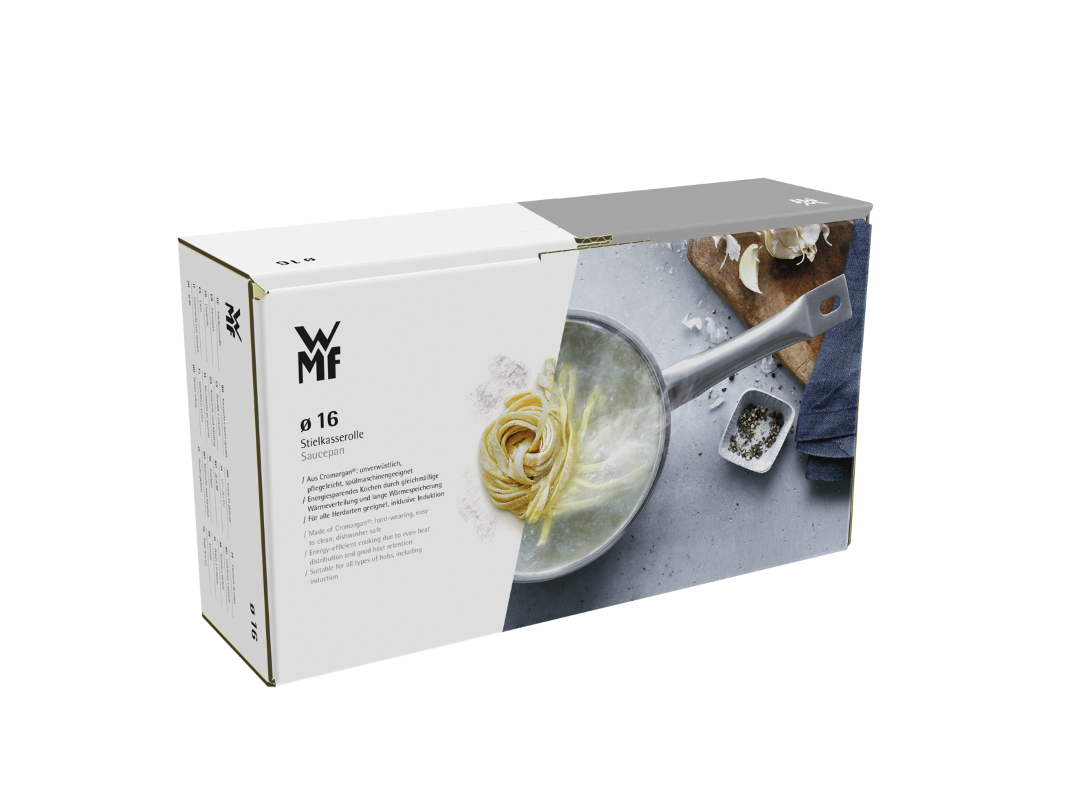 Verpackung einer WMF Stielkasserolle mit Produktbild und technischen Details.