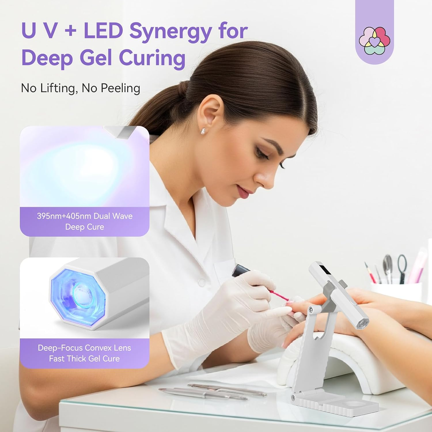 Eine Nagelstylistin mit Handschuhen poliert Kundenägel, mit UV-LED-Lampe und Textgrafiken im Hintergrund.