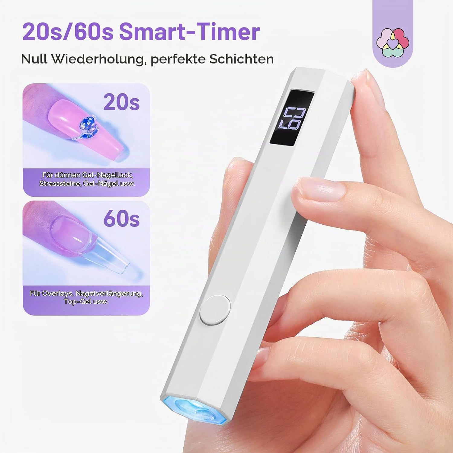 Hand hält eine weiße UV-Nagellampe mit digitalem Timer und blauer Lichtspitze.