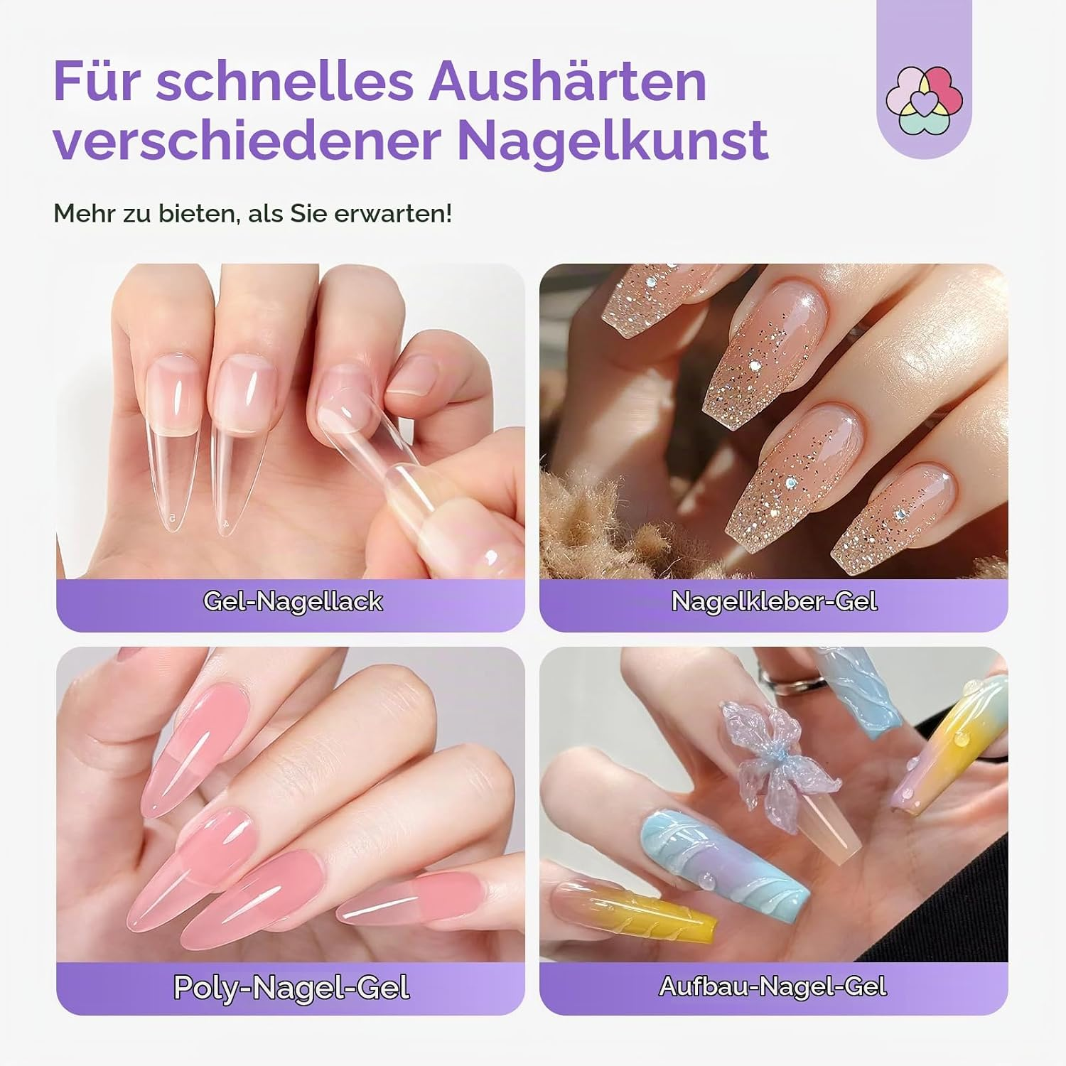 Werbebild mit vier Bildern verschiedener Nagelkunsttechniken und deutscher Beschriftung.