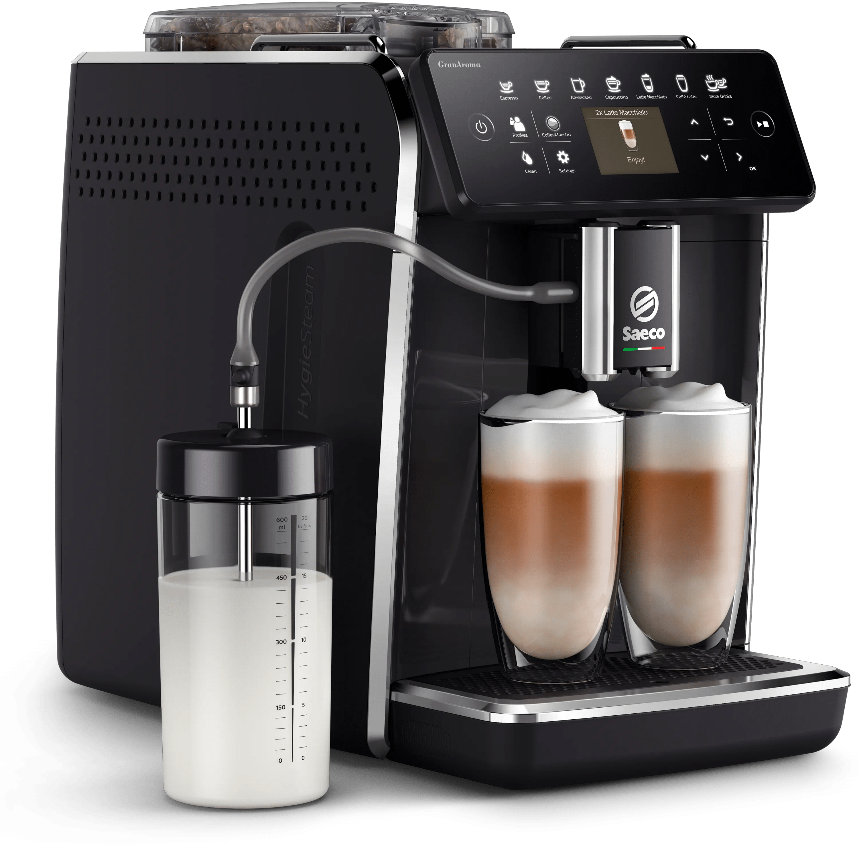 Una macchina da caffè Saeco nera con contenitore del latte riempie due bicchieri di latte macchiato.
