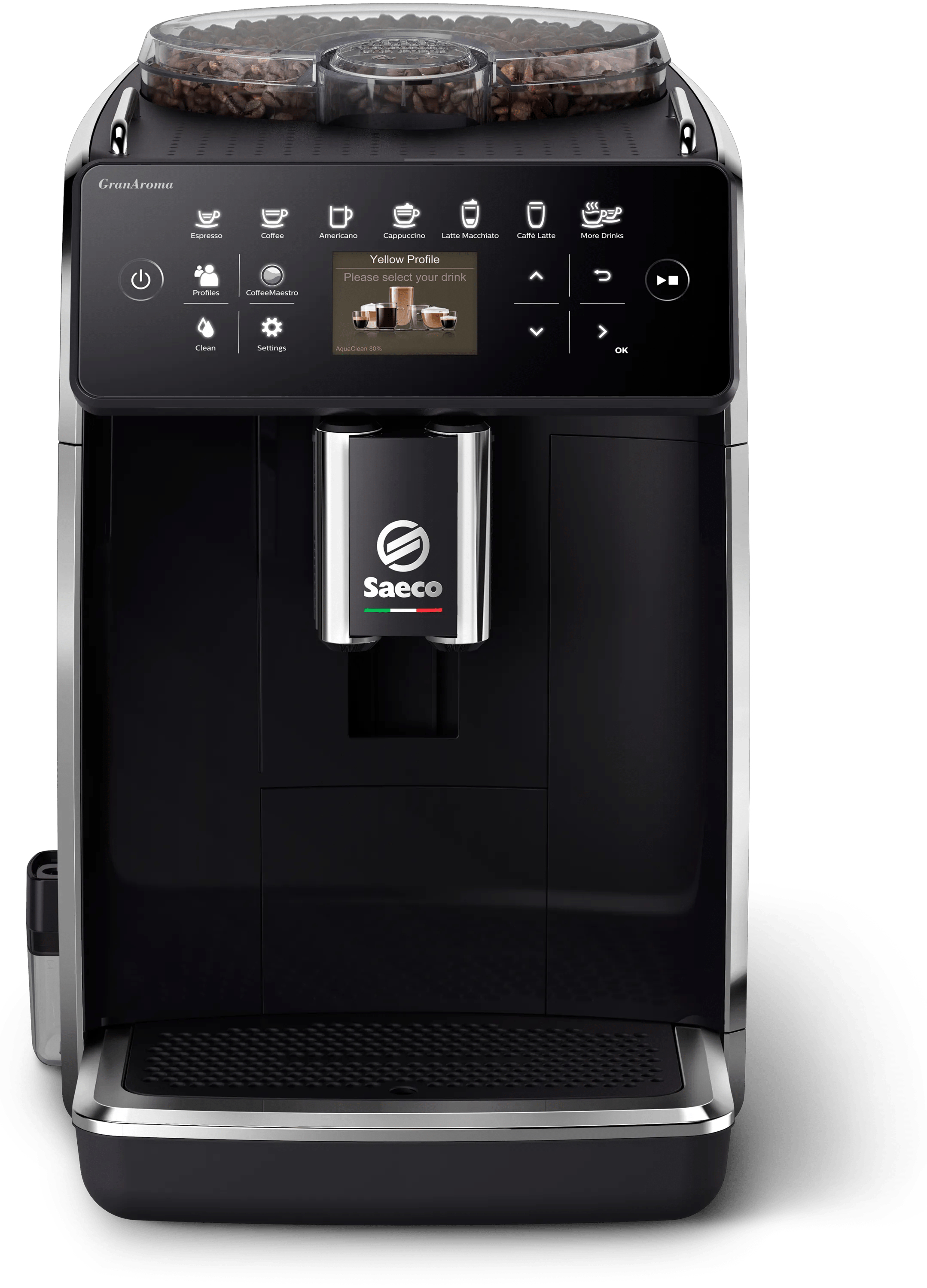 Macchina da caffè Saeco GranAroma nera con display touch e contenitore chicchi.