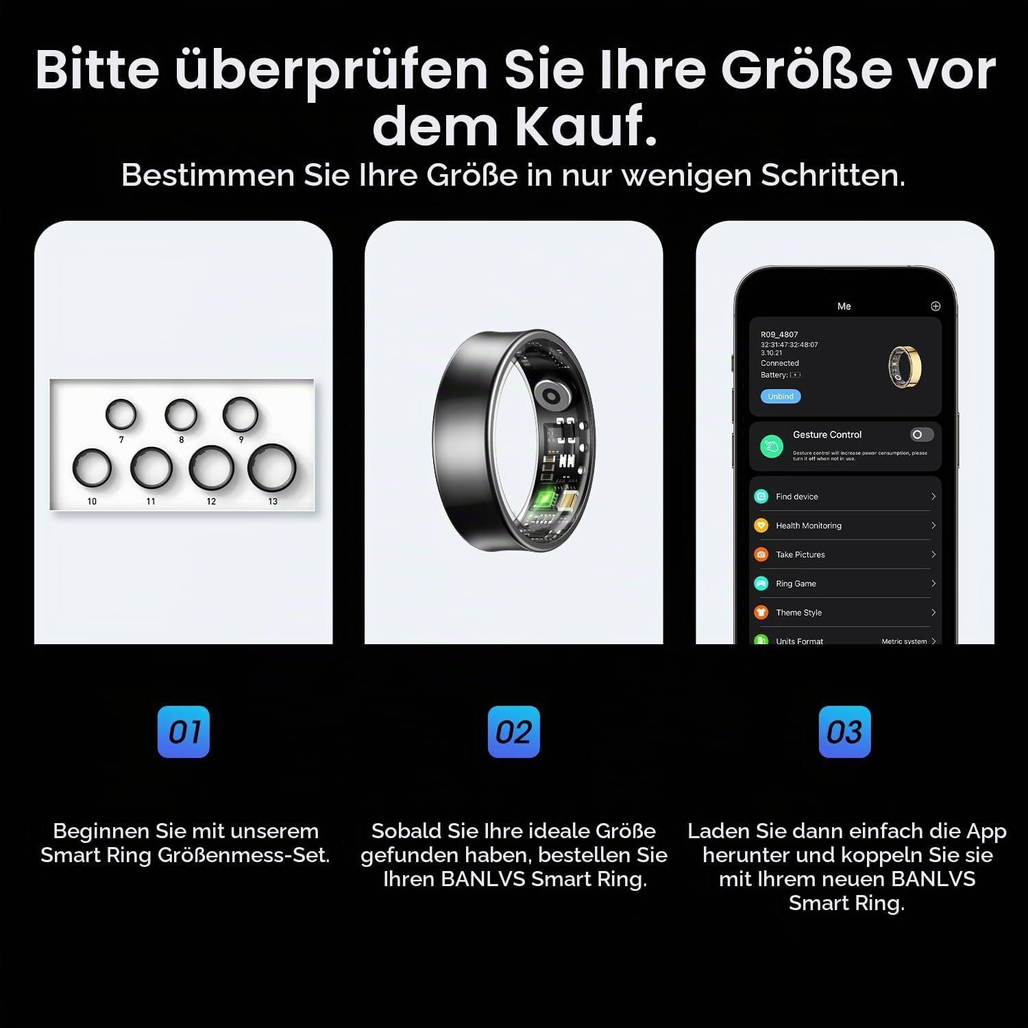 Anleitung in drei Schritten zur Größenbestimmung und Einrichtung eines BANLVS Smart Rings mit App.