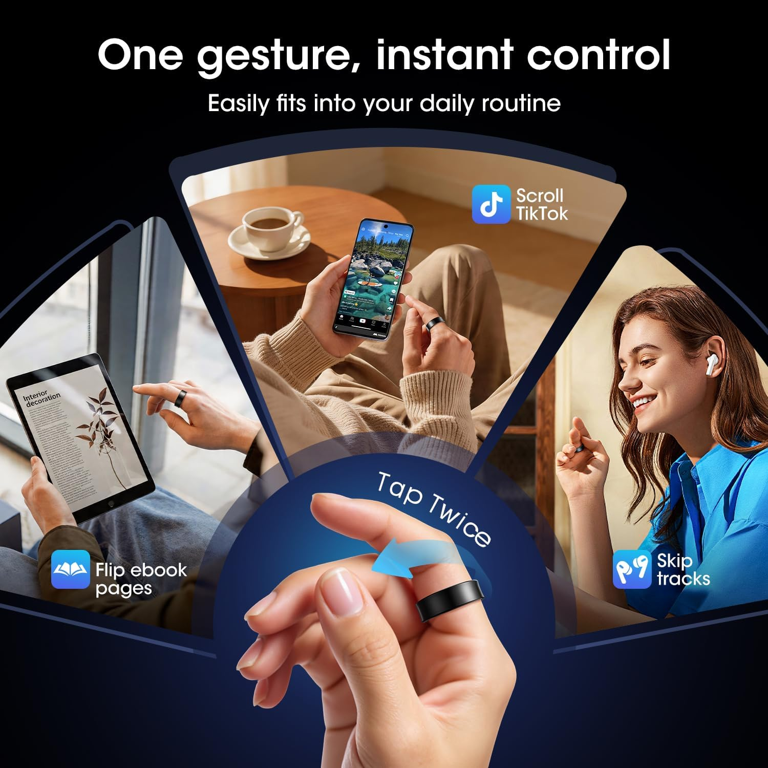 Ein Werbebild zeigt einen Smart-Ring zur Gestensteuerung von Telefonen, E-Books und Musik.