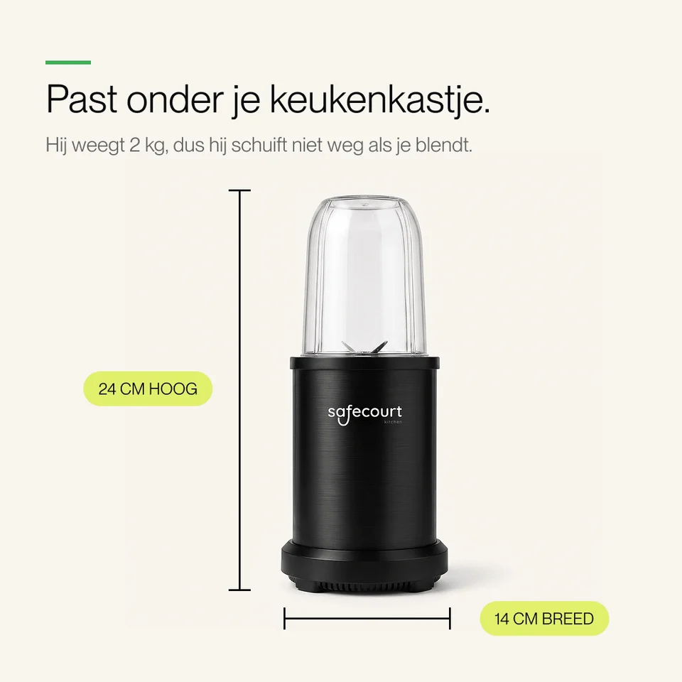 Zwarte Safecourt Kitchen blender met afmetingen van 24 cm hoog en 14 cm breed.