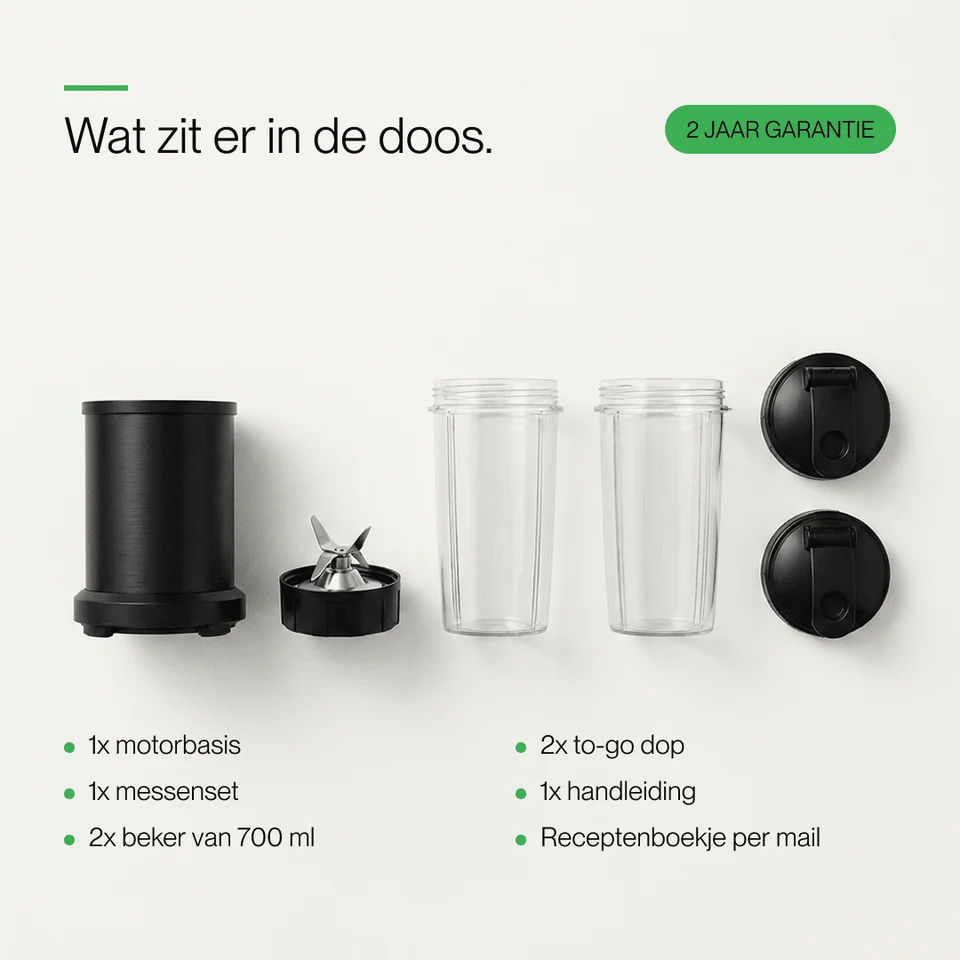 Inhoud blender: motorbasis, mesunit, twee bekers van 700 ml en deksels.