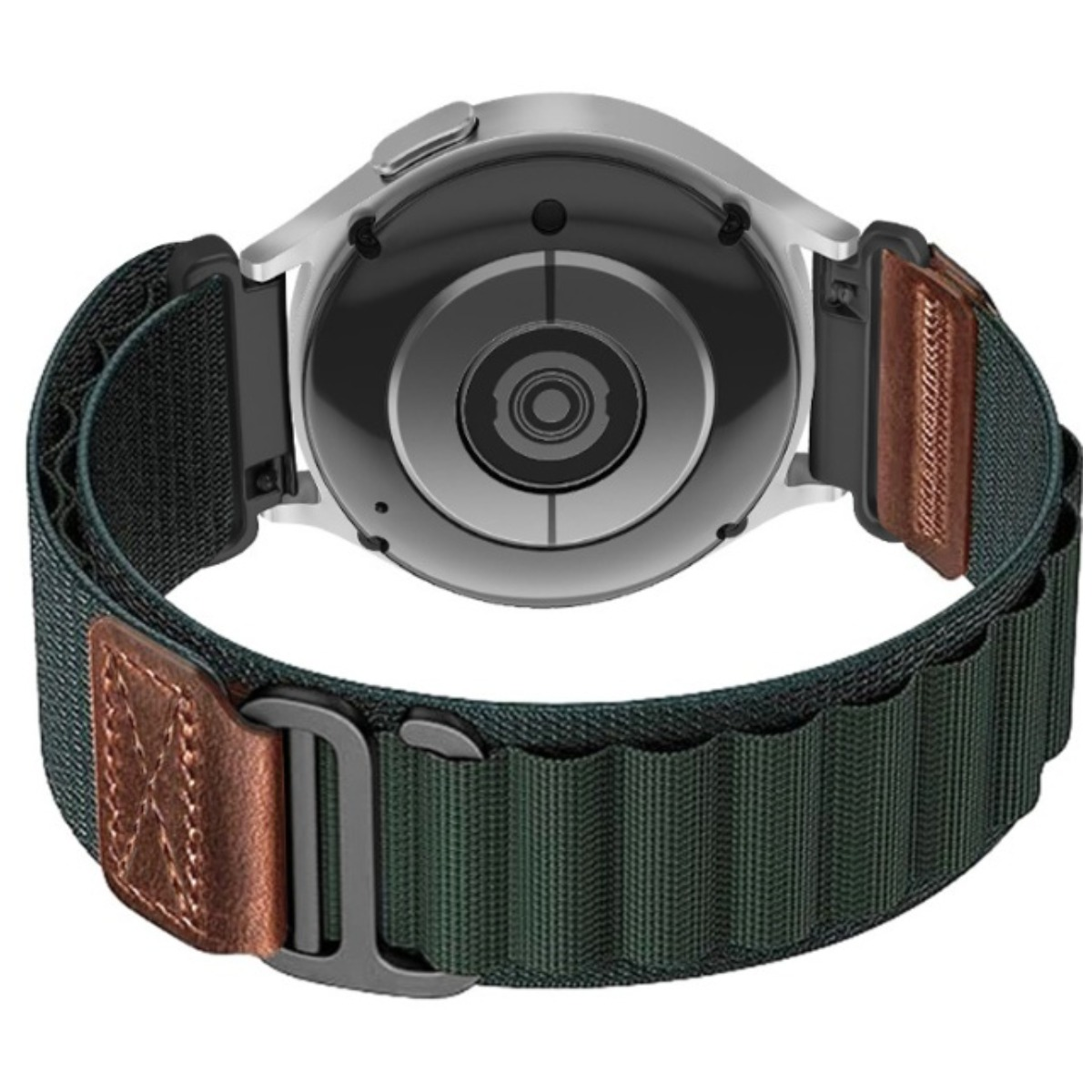 Rückansicht einer Smartwatch mit dunkelgrünem Stoffarmband, braunen Lederakzenten und silbernem Gehäuse.