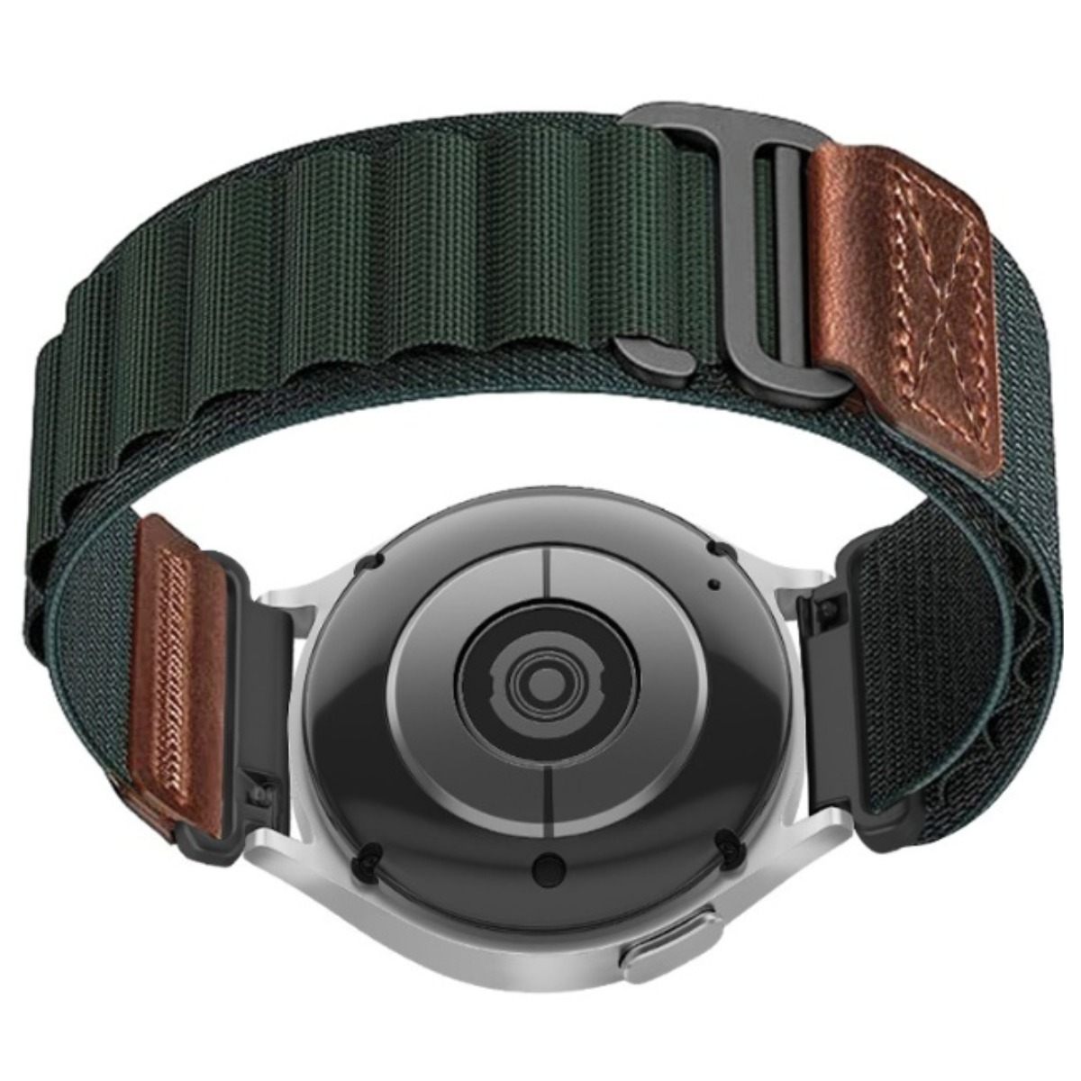 Rückseite einer Smartwatch mit grünem Nylon- und braunem Lederarmband auf weißem Hintergrund.