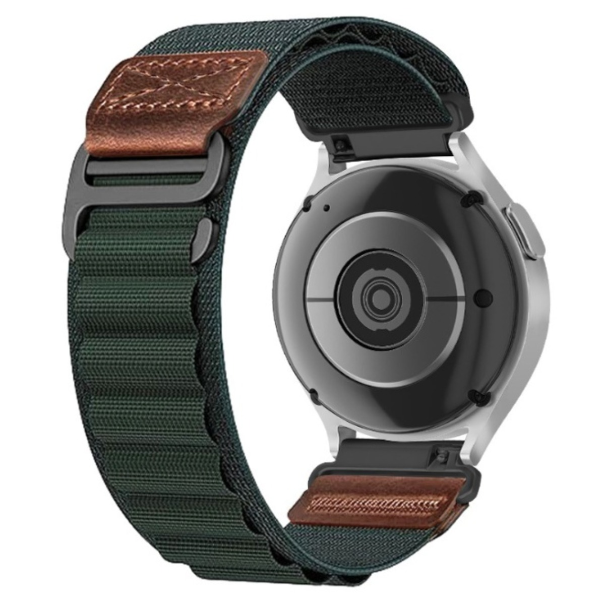 Rückseite einer Smartwatch mit dunkelgrünem Stoffarmband, braunen Lederakzenten und Metallschnalle.