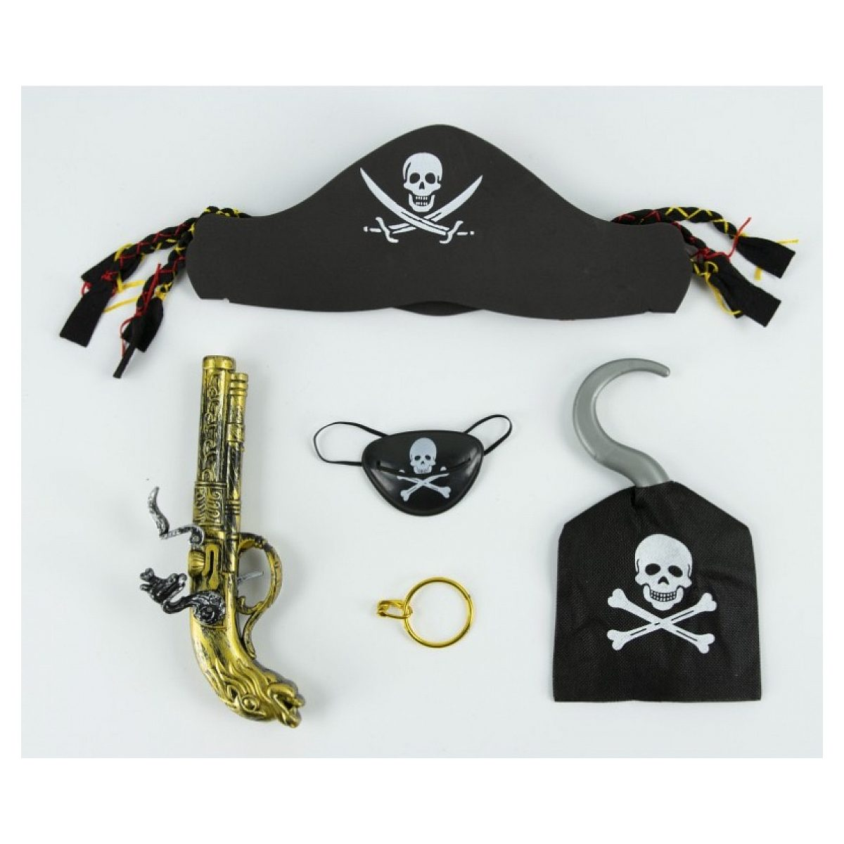 Kinder-Piratenkostüm-Set mit Hut, Pistole, Augenklappe, Ring und Haken auf weißem Hintergrund.