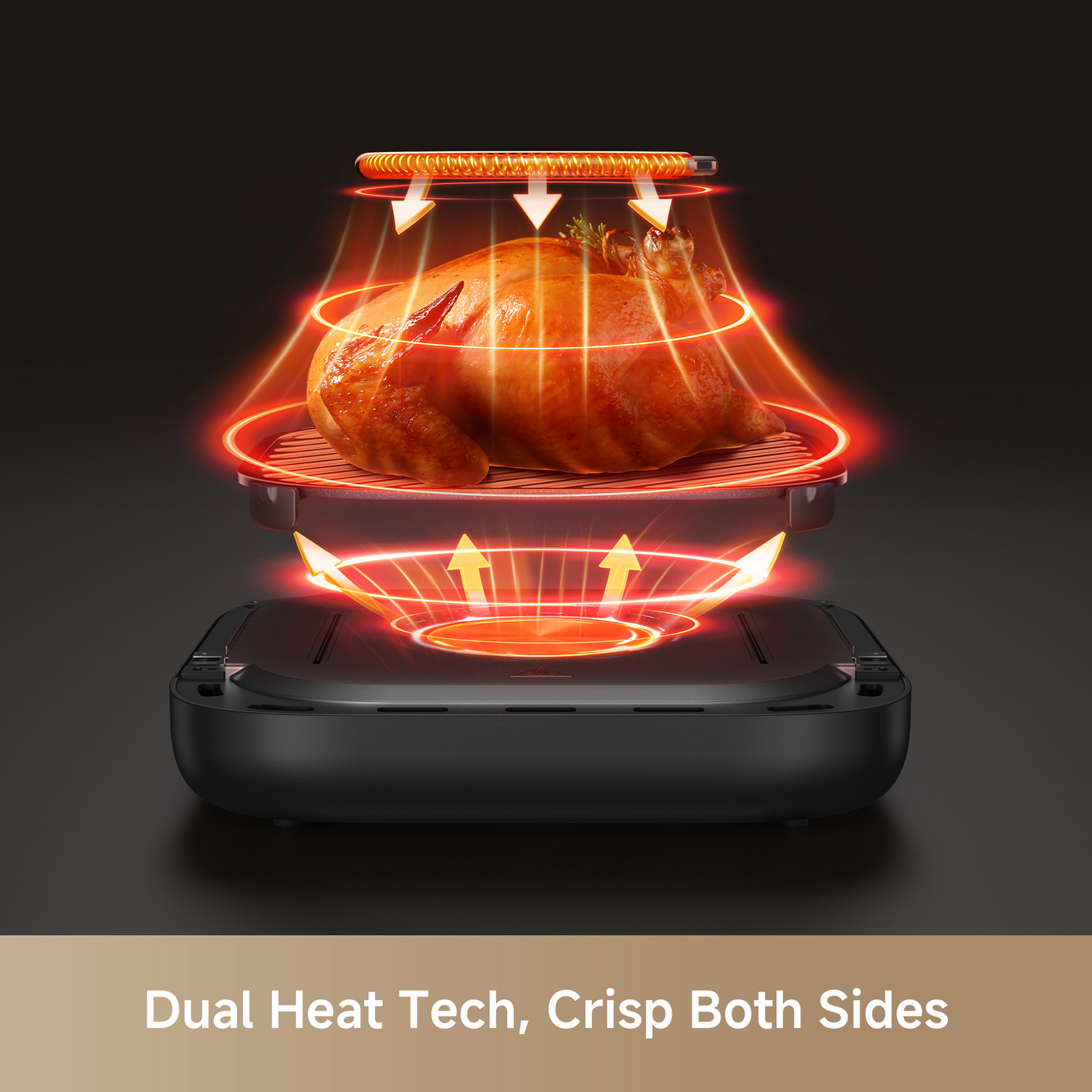 La tecnologia a doppio calore cuoce un pollo intero dall'alto e dal basso con elementi riscaldanti rossi.