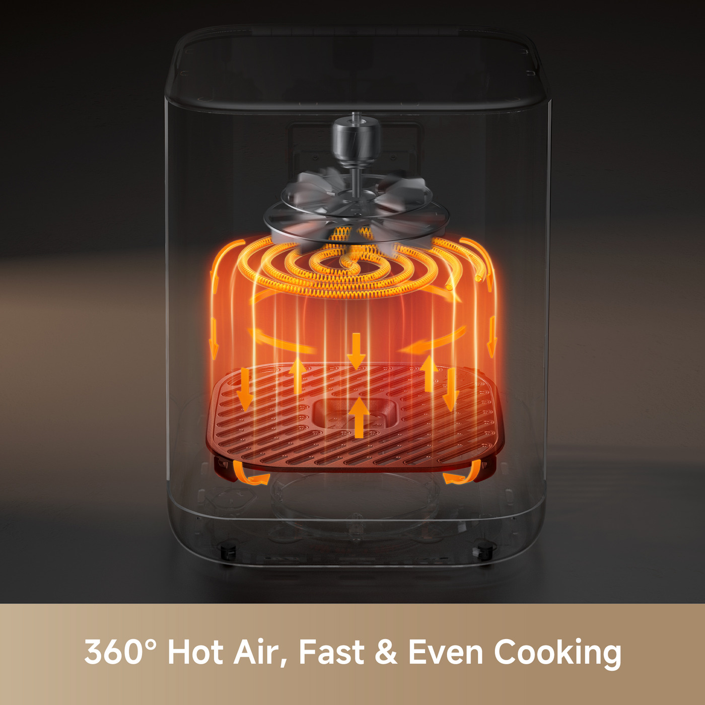 Circolazione di aria calda a 360 gradi all'interno di un elettrodomestico da cucina trasparente.