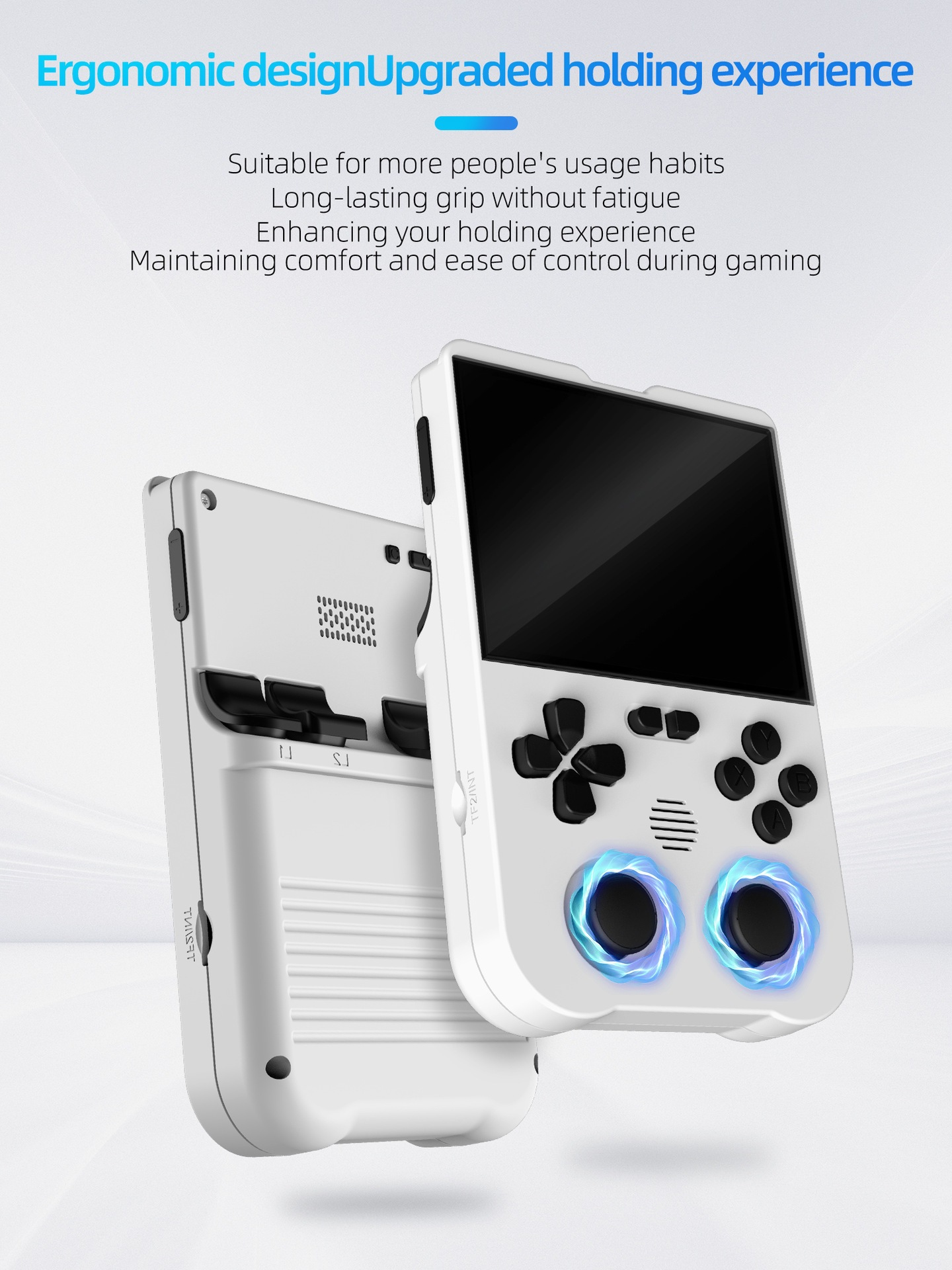 Werbebild für einen weißen Handheld-Spielkonsole mit beleuchteten Joysticks und ergonomischem Design.