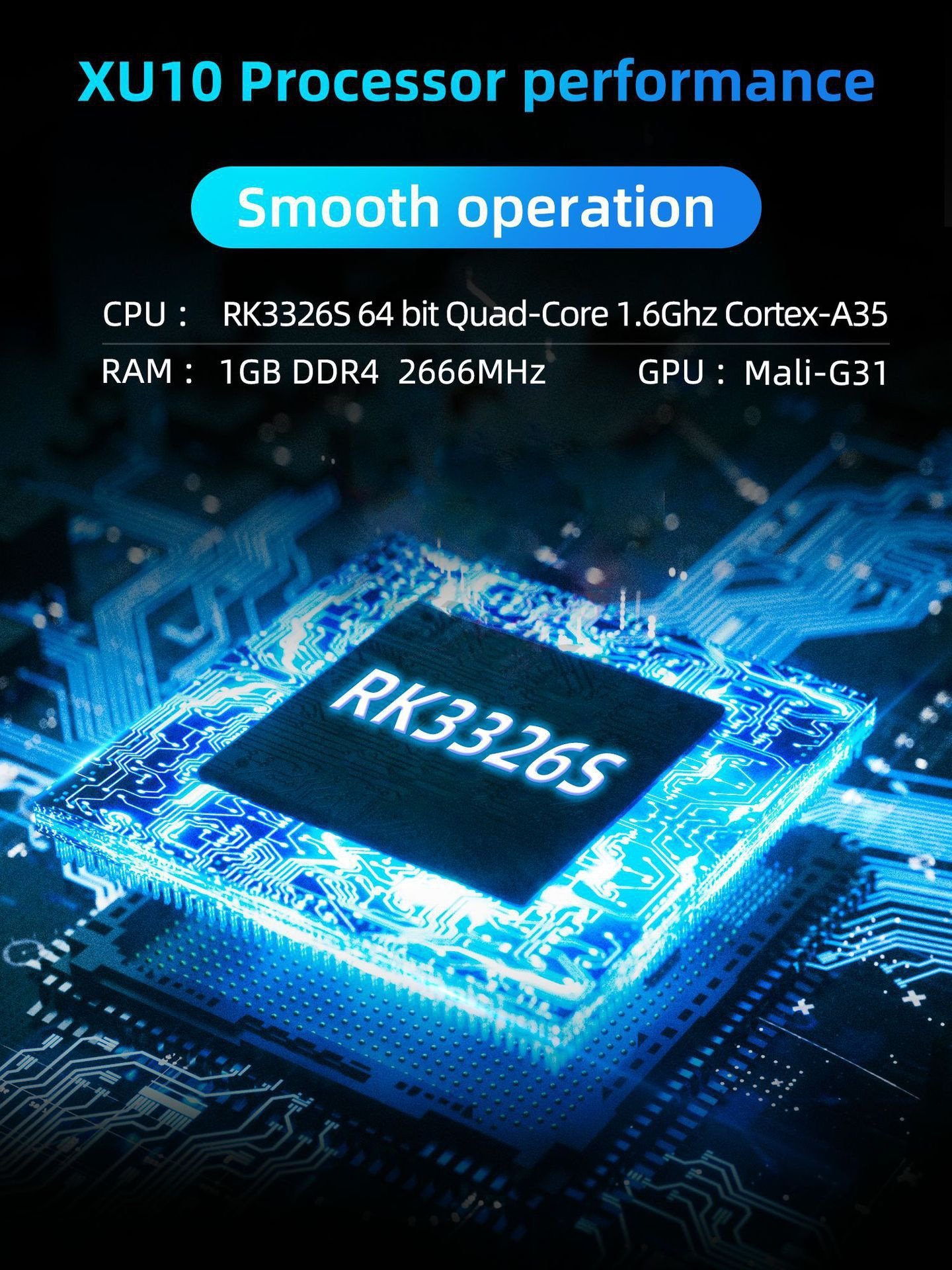 XU10 Prozessorleistung mit RK3326S CPU, 1GB RAM und GPU auf einer blauen Leiterplatte.