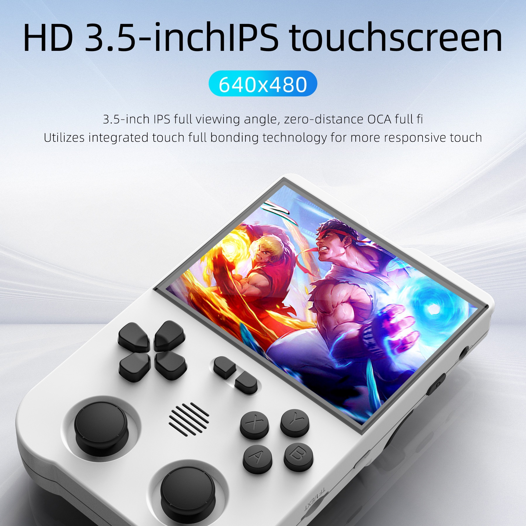 Ein weißer Handheld-Spielekonsole mit 3,5-Zoll-IPS-Touchscreen und Text darüber.
