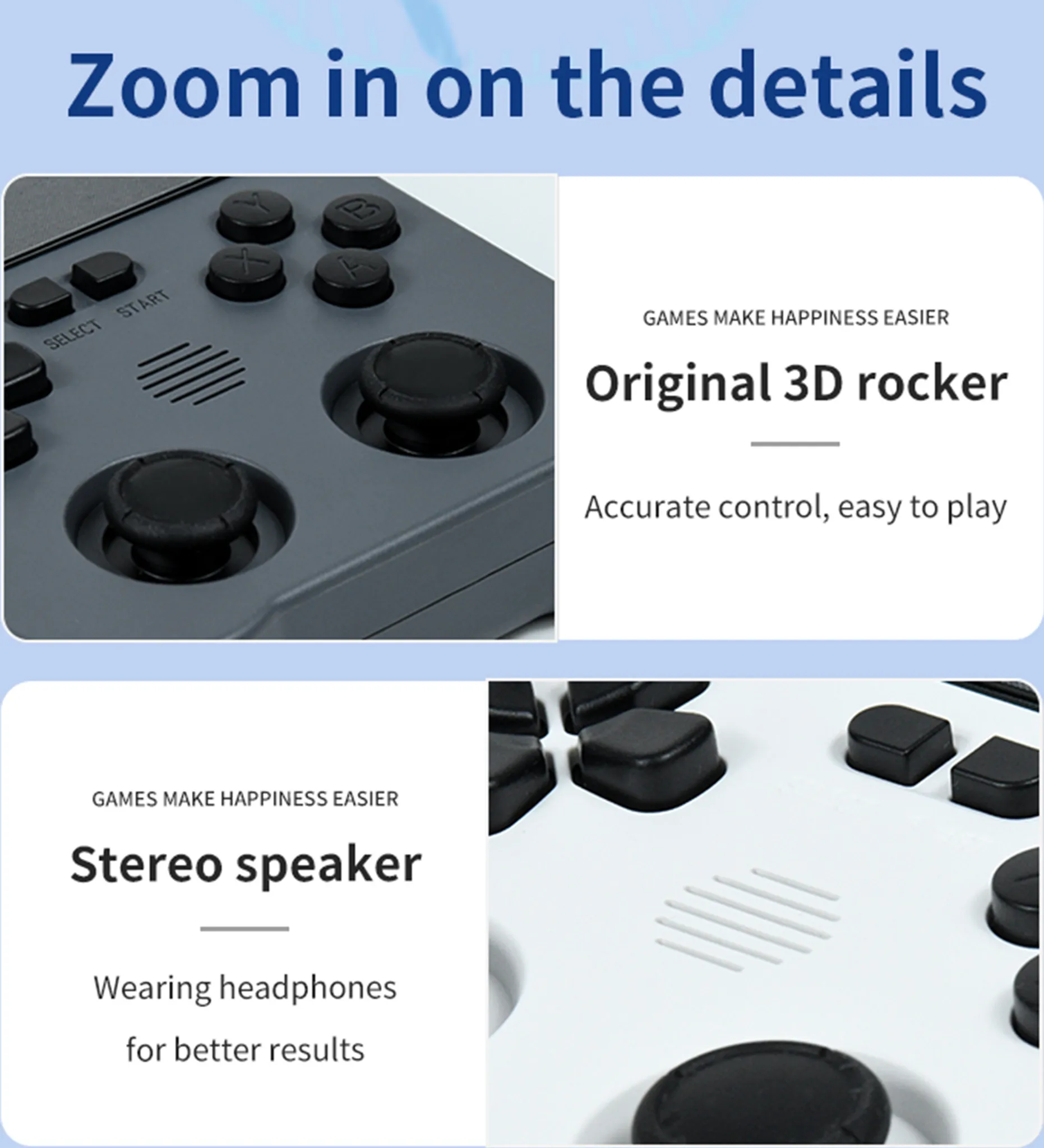 Ein tragbarer grauer und ein weißer Spielcontroller mit Joystick, Tasten und Lautsprechern.