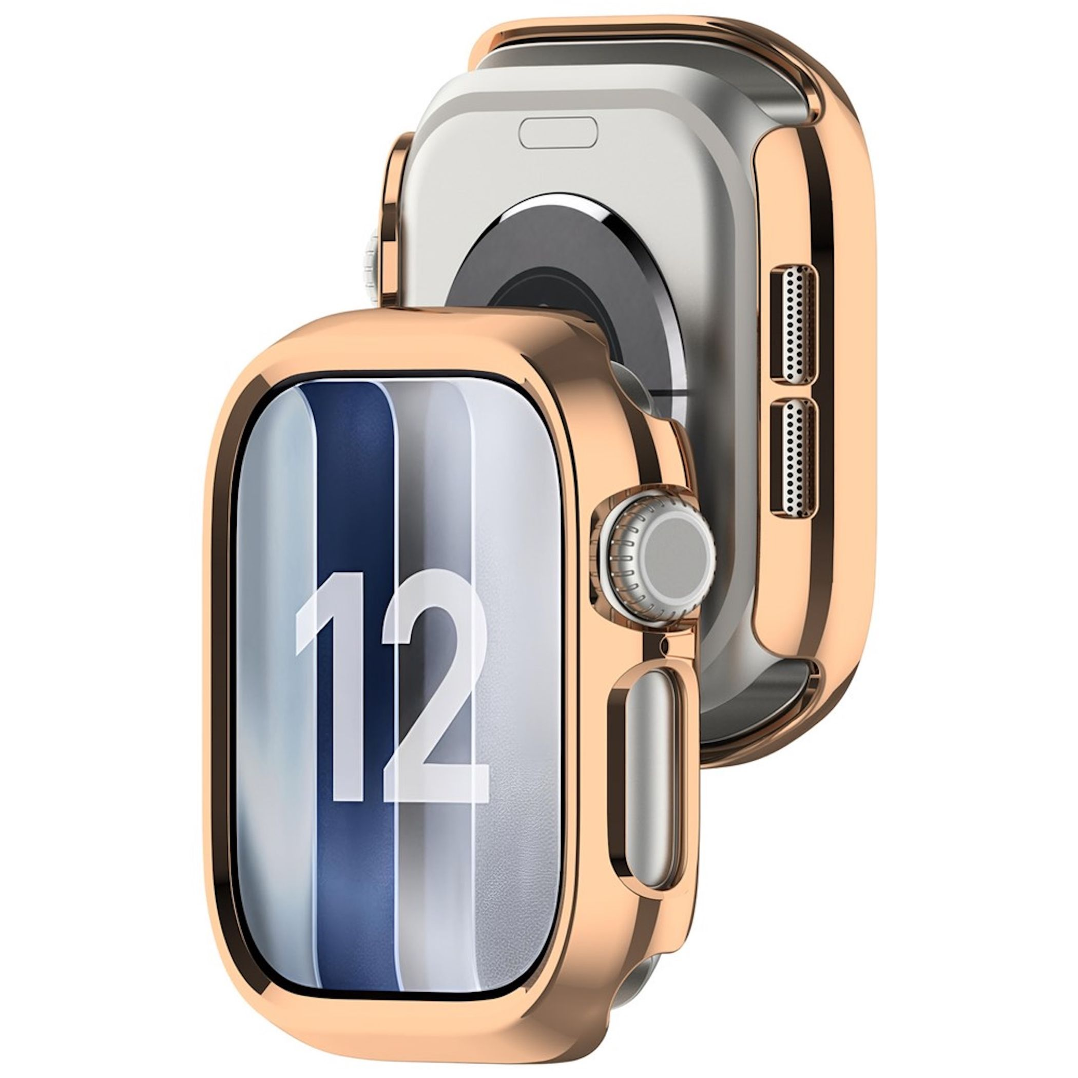 Una custodia per Apple Watch in oro rosa con quadrante e un'altra custodia dietro.