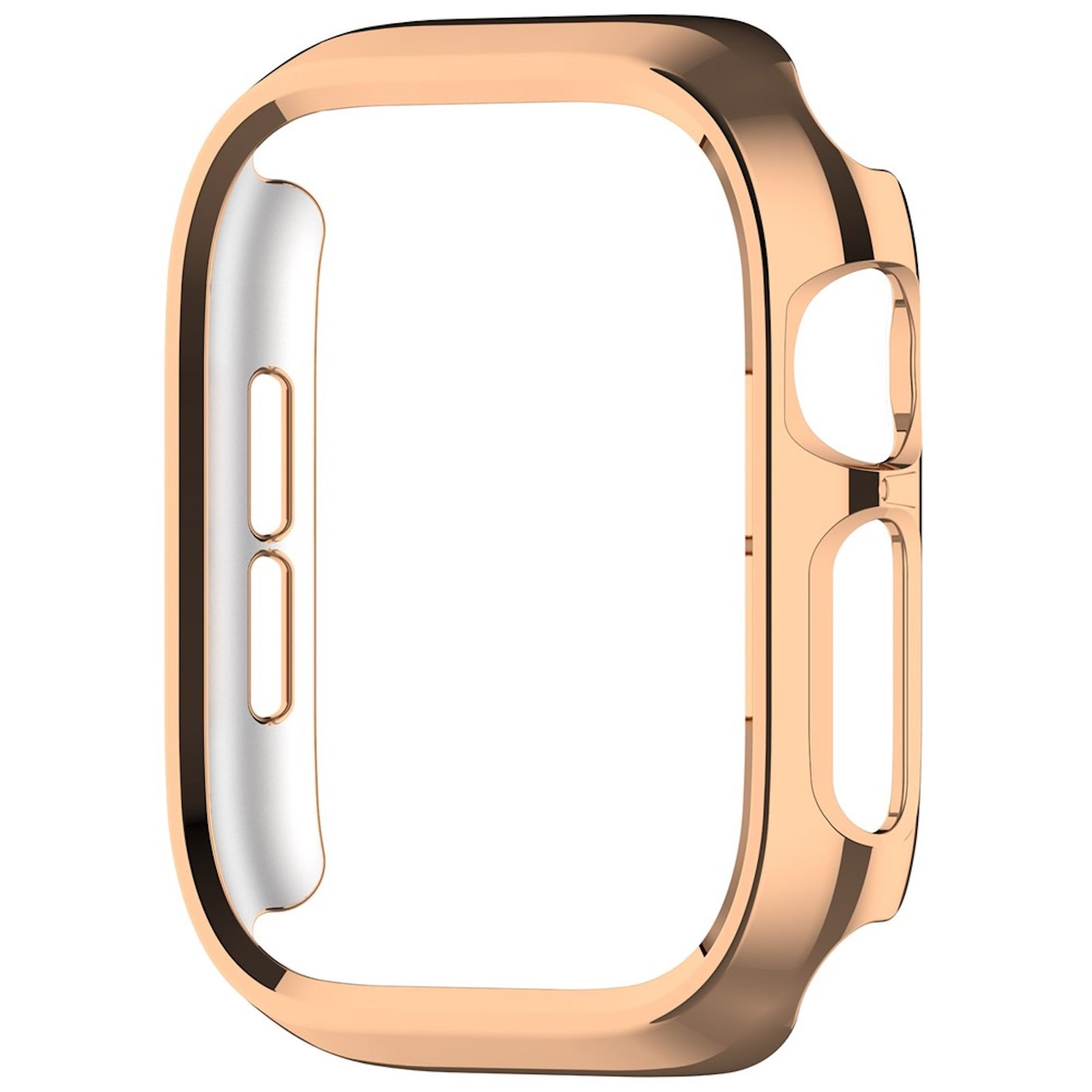 Una lucida custodia per smartwatch in oro rosa su sfondo bianco.