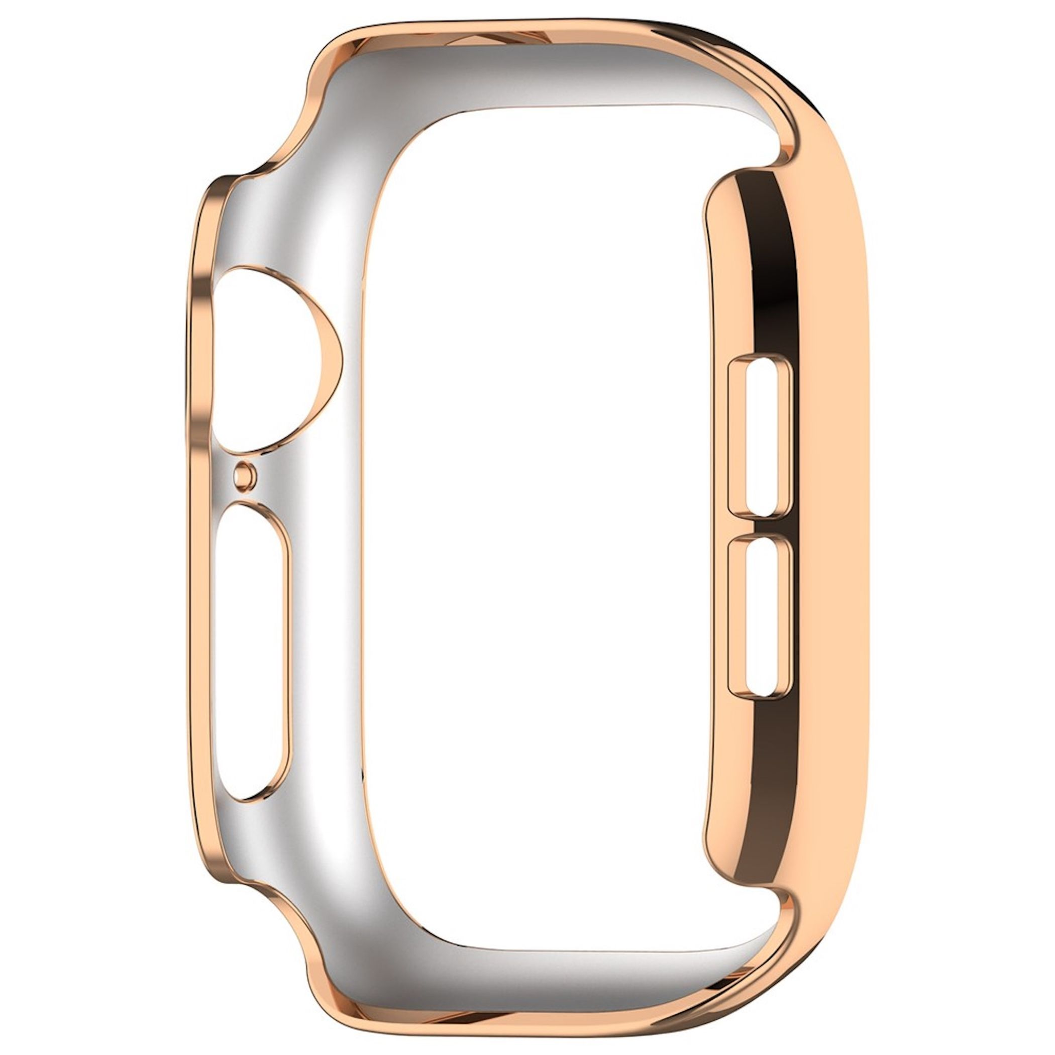 Custodia protettiva lucida in oro rosa per smartwatch su sfondo bianco.