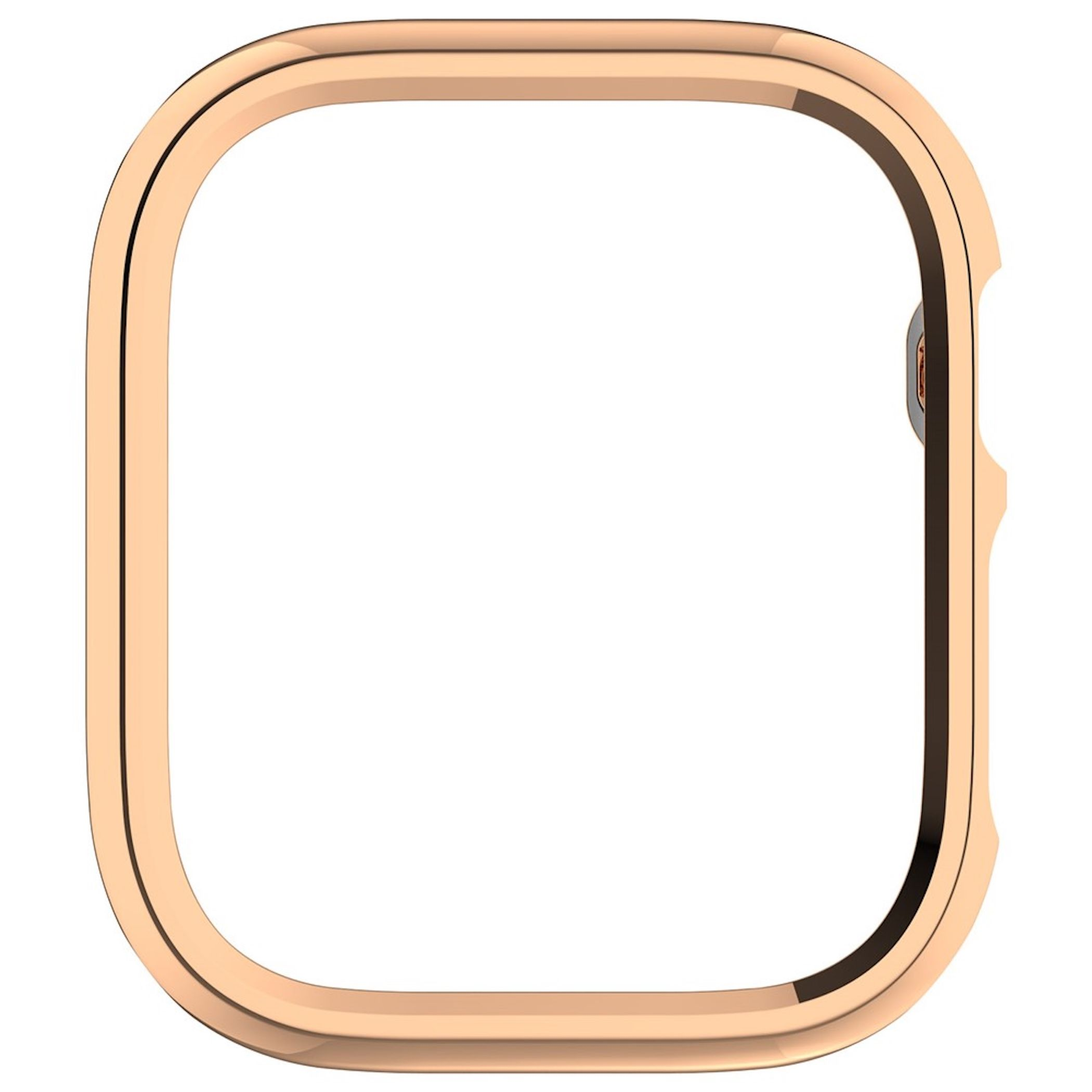 Cassa per smartwatch in oro rosa con cornice quadrata arrotondata e pulsante laterale su fondo bianco.