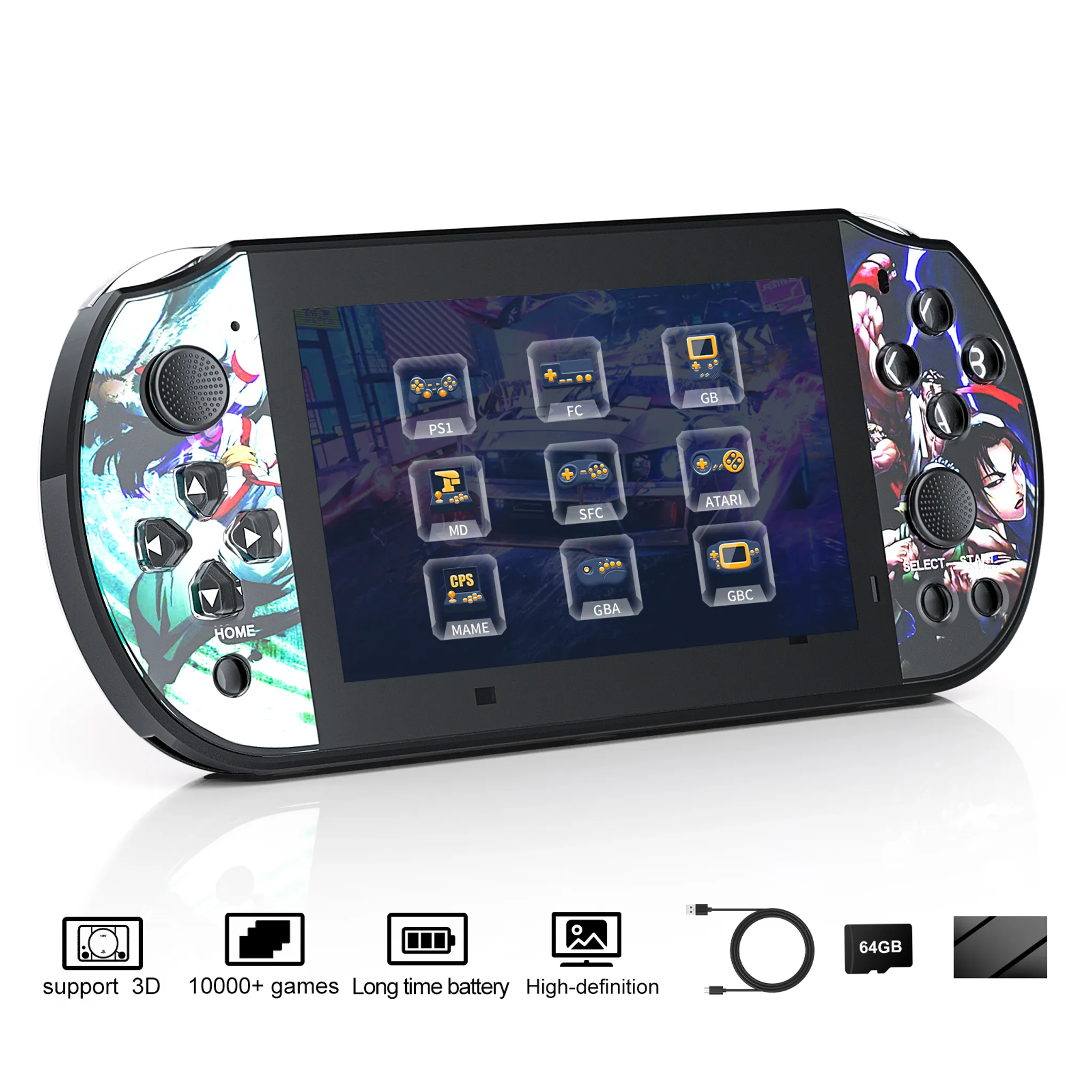 Schwarze tragbare Spielekonsole mit farbigen Stickern, Bildschirm und Steuerelementen auf weißem Hintergrund.