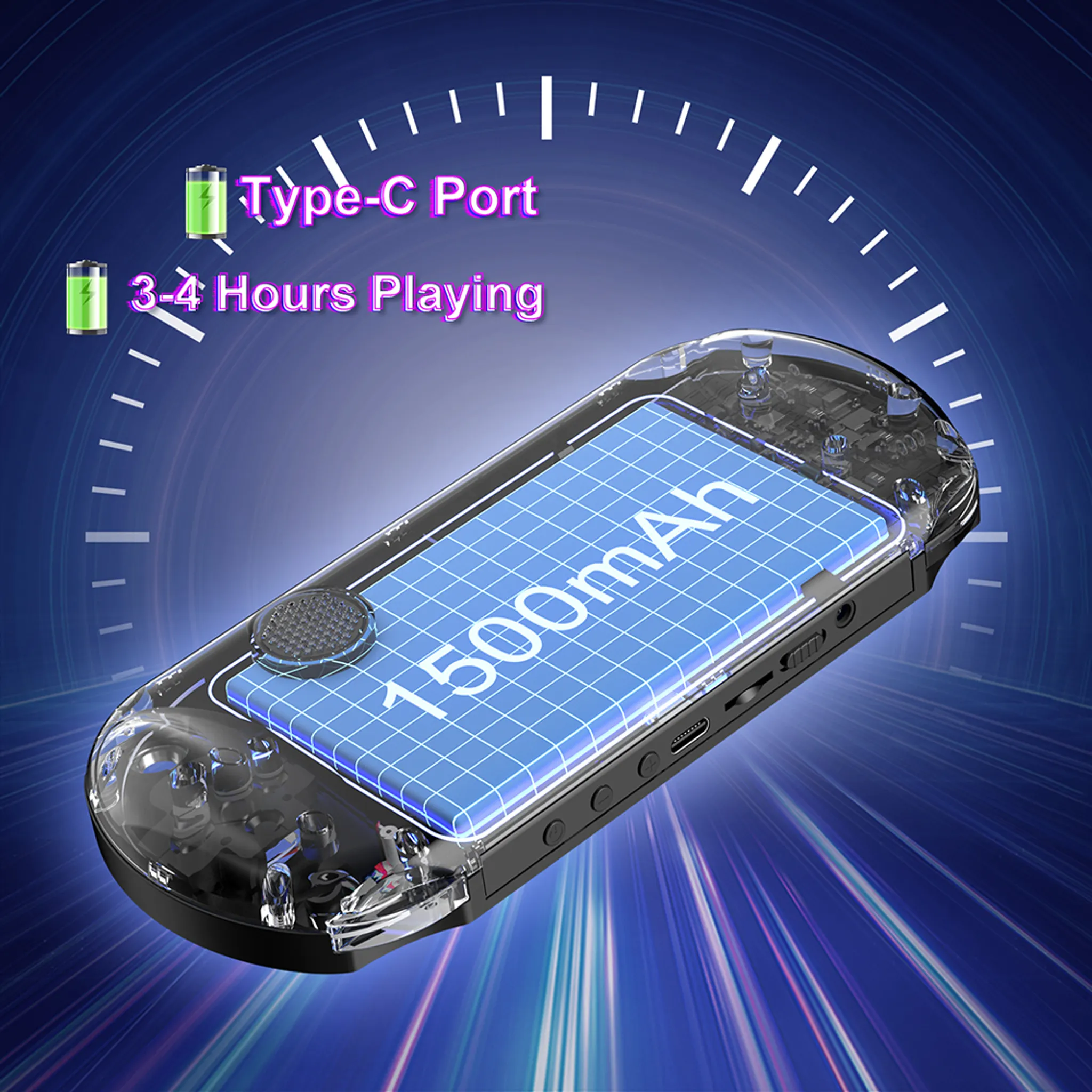 Transparente Handheld-Konsole mit 1500mAh Akku, Typ-C-Anschluss und 3-4 Stunden Spielzeit.