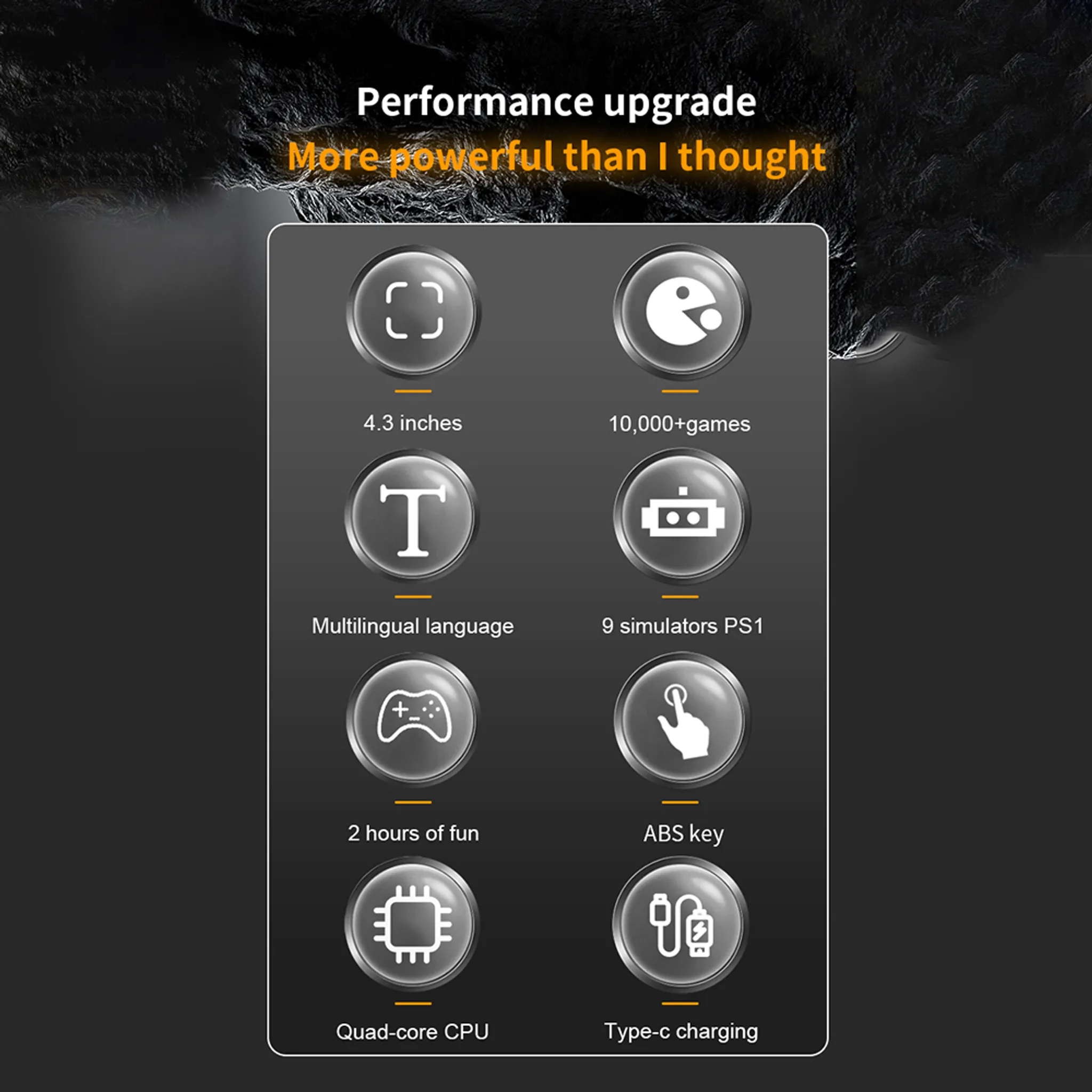 Leistungs-Upgrade Infografik mit acht Symbolen und Funktionsmerkmalen auf dunklem Hintergrund.