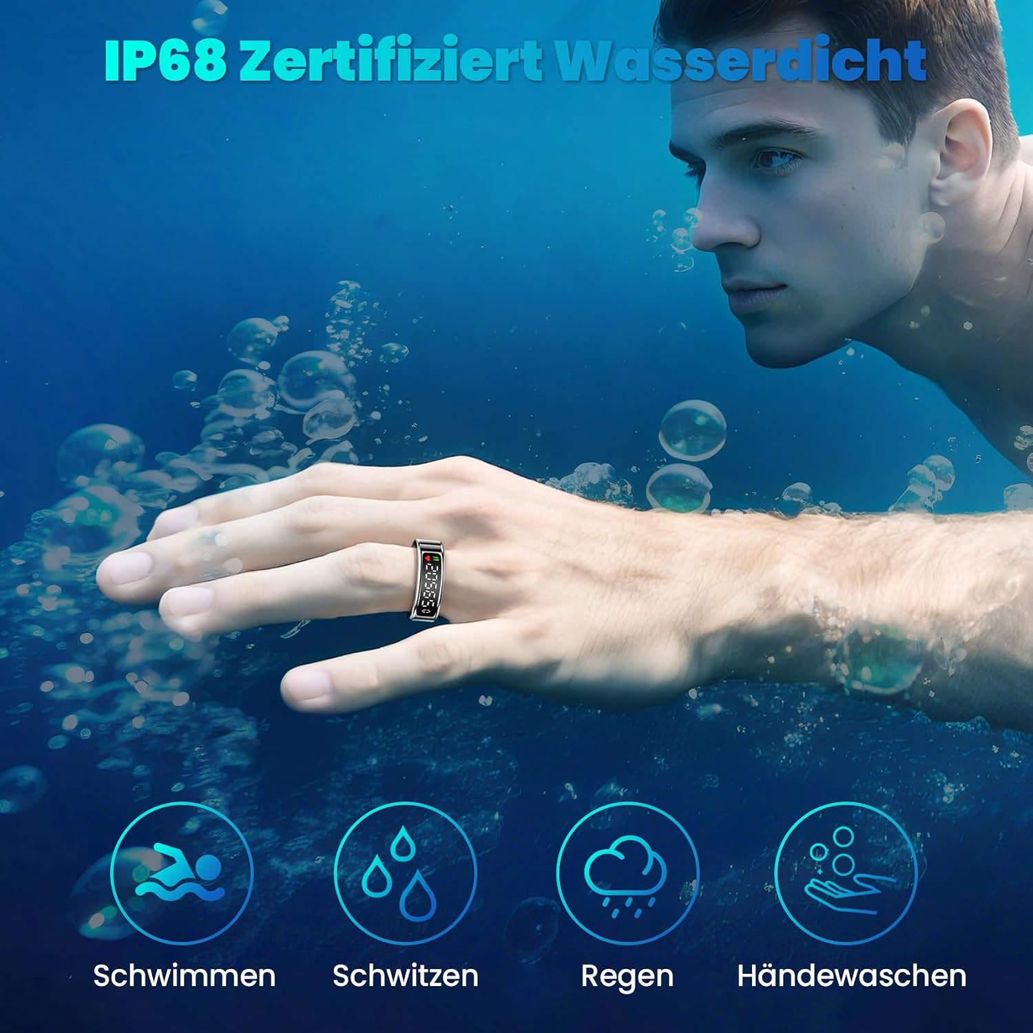 Ein Mann schwimmt unter Wasser mit einem Fitness-Ring am Finger, umgeben von Luftblasen.