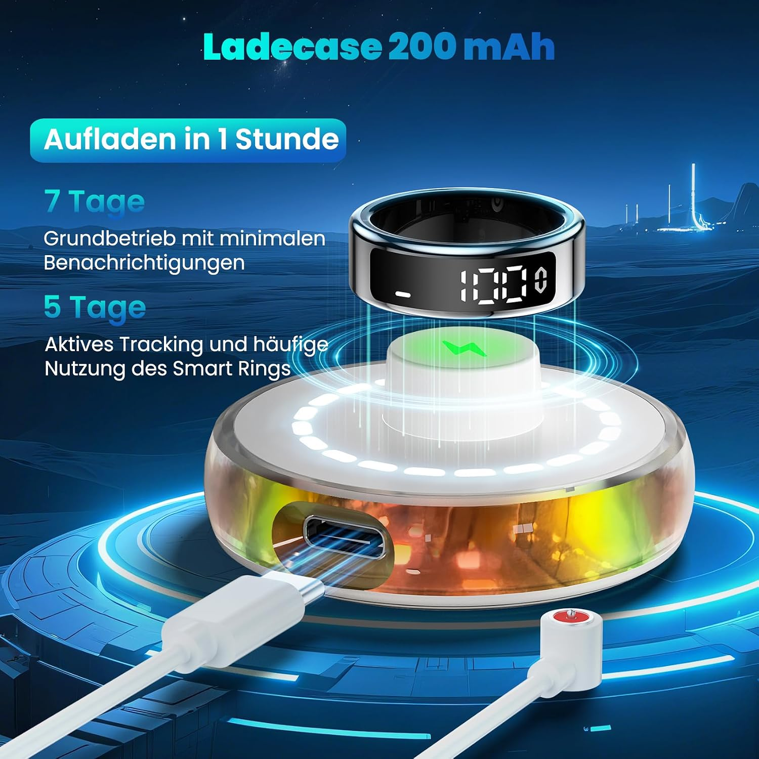 Ein Smart-Ring schwebt über seiner Ladestation mit USB-C-Anschluss, umgeben von Text und blauem Hintergrund.