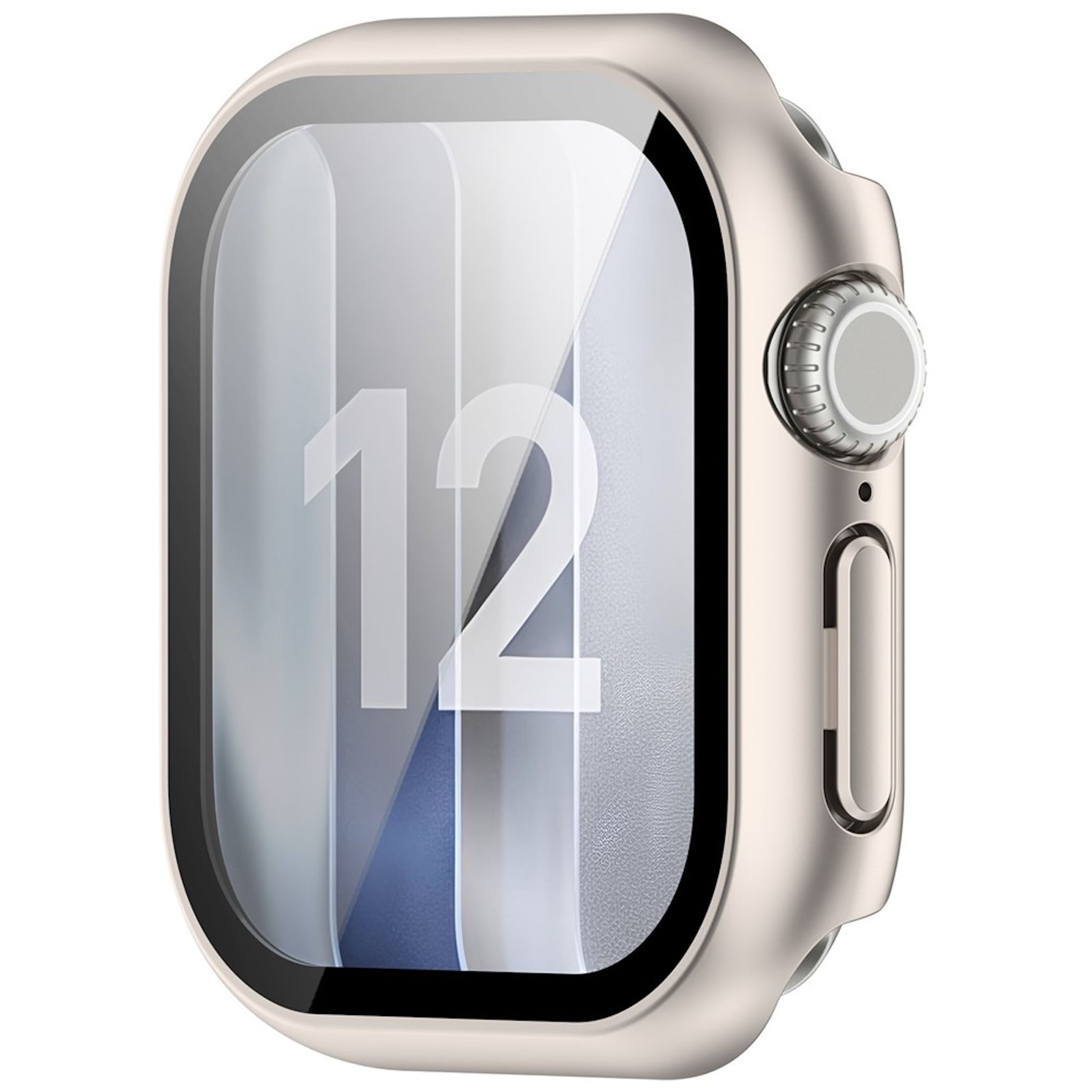 Eine goldene Smartwatch mit weißem Zifferblatt und Nummer 12, dazu Krone und Seitentaste.