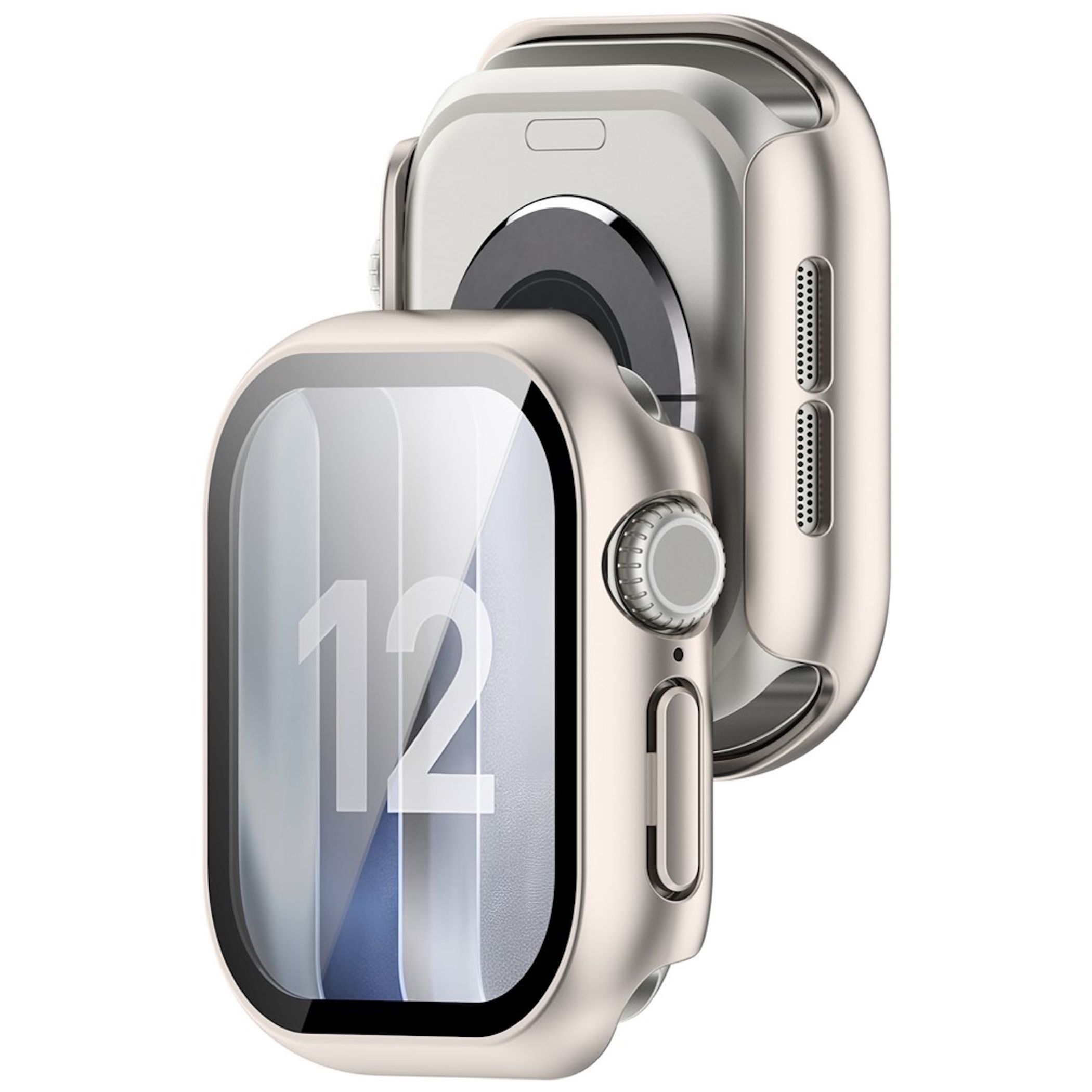Eine beige Schutzhülle für Smartwatches in zwei Ansichten mit Zifferblatt.