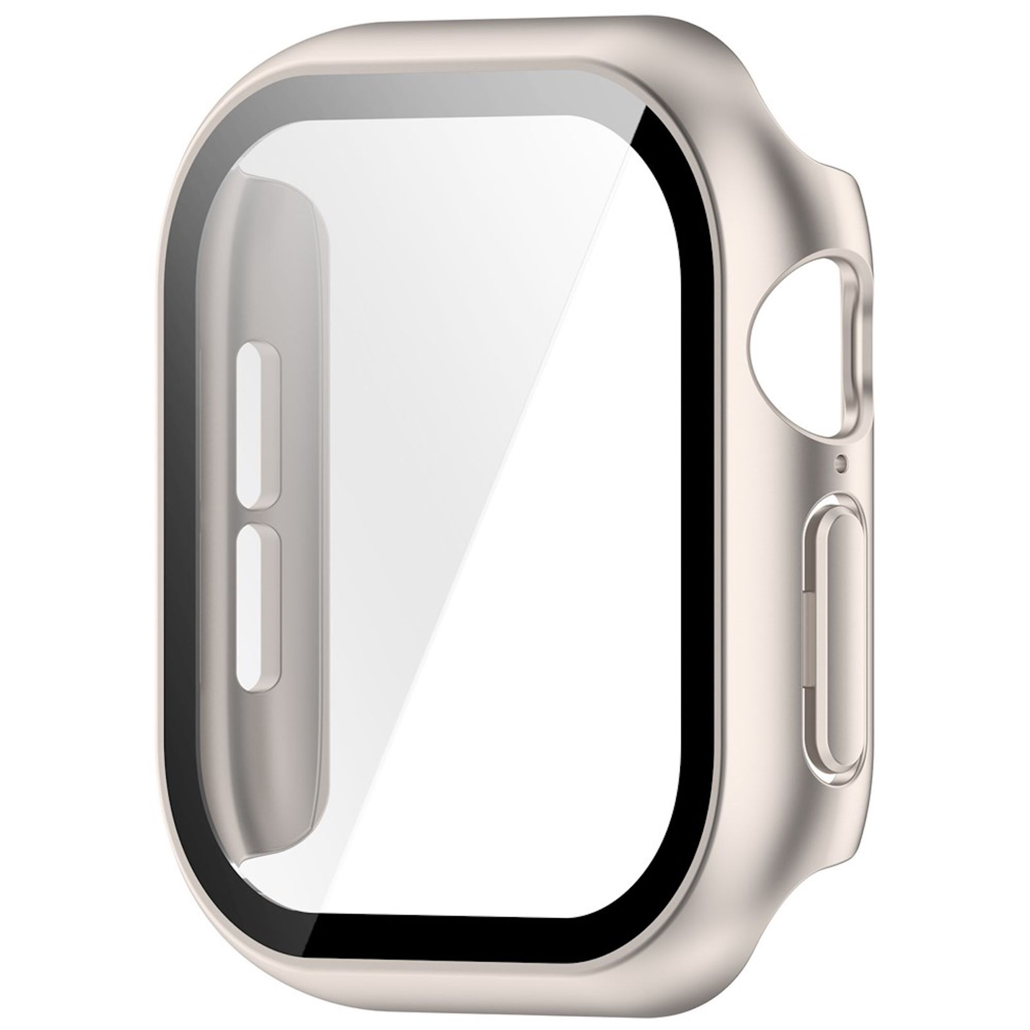 Ein beiges Schutzcase für eine Smartwatch mit integriertem Displayschutz vor weißem Hintergrund.