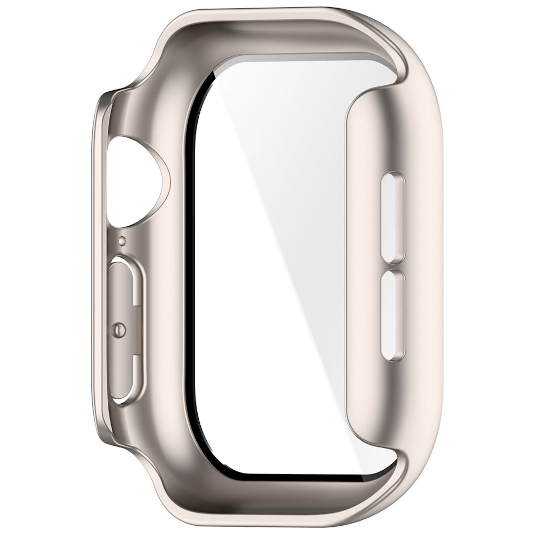Glänzender, beiger Smartwatch-Schutzrahmen mit Displayschutz und präzisen Aussparungen.