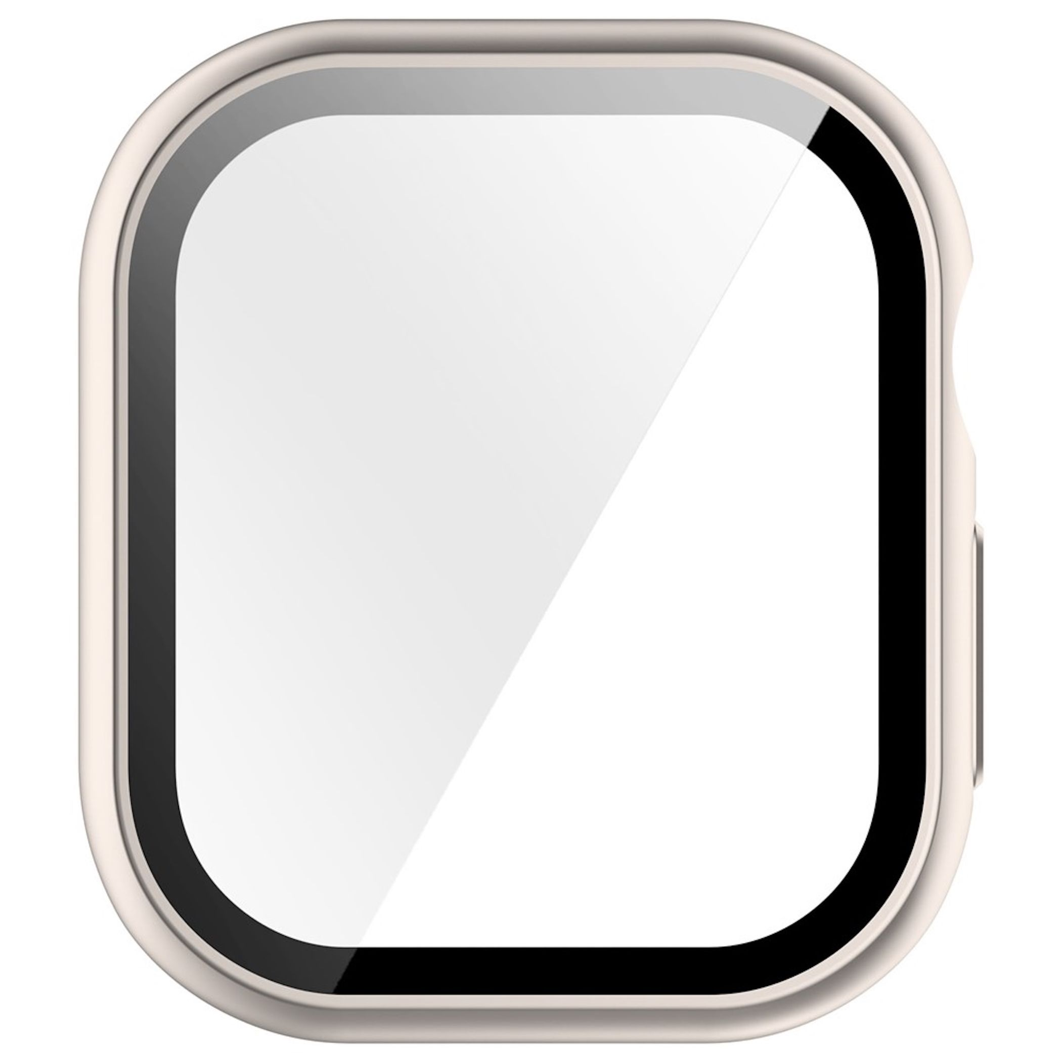 Eine weiße Smartwatch mit einem leeren, glänzenden quadratischen Display und einem seitlichen Knopf.
