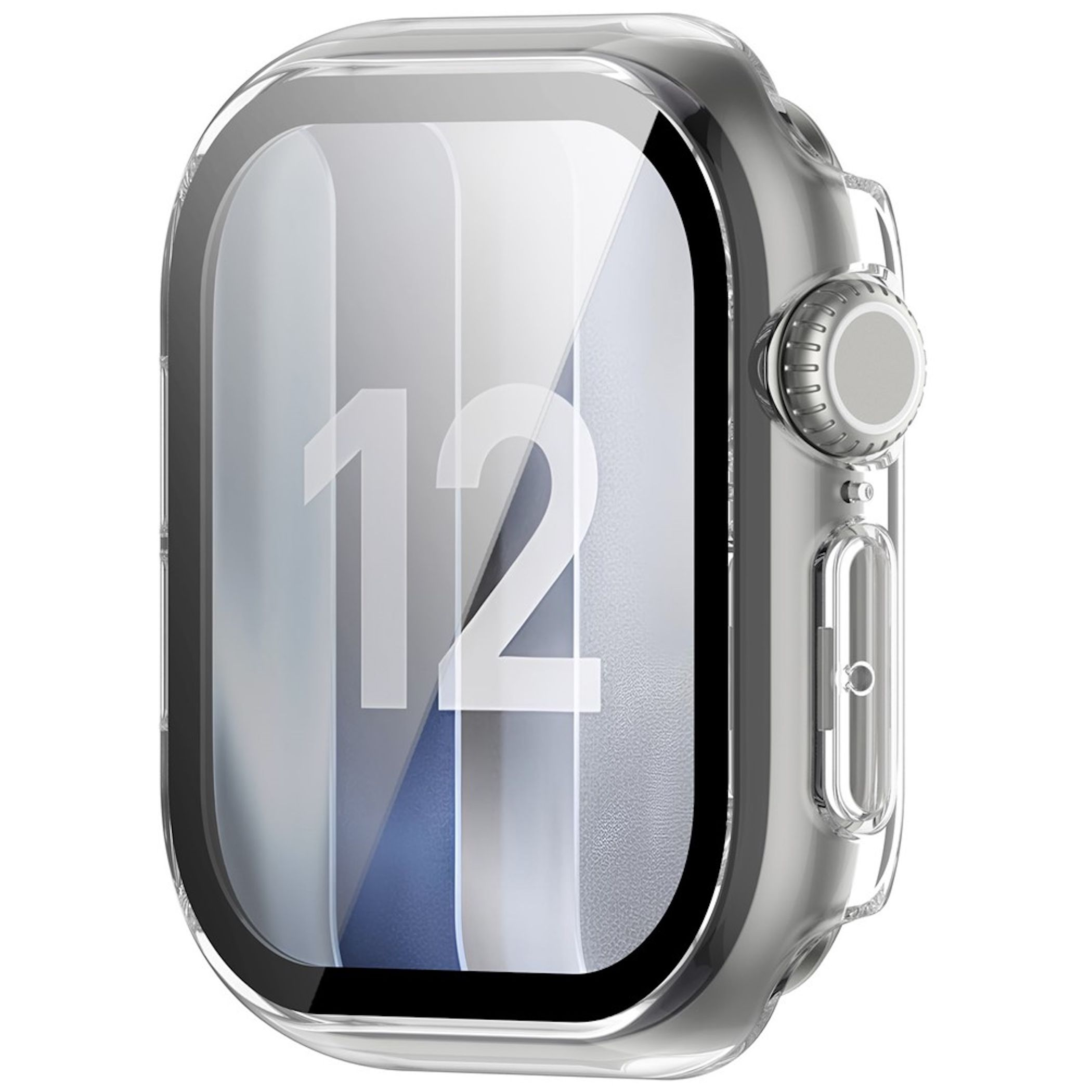 Eine Smartwatch mit einer transparenten Schutzhülle und der großen Zahl 12 auf dem Display.
