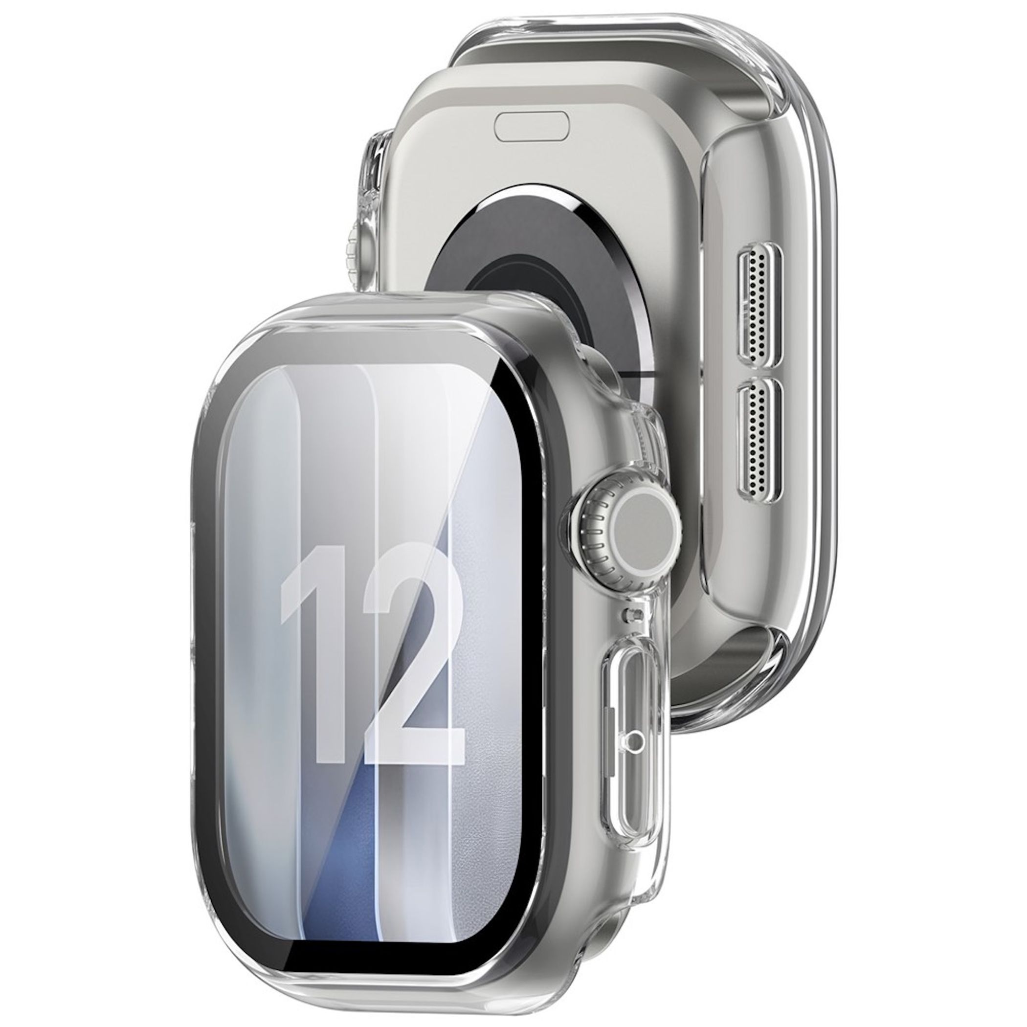 Zwei Ansichten einer Smartwatch in einer klaren Schutzhülle, die den vorderen Bildschirm und die Lautsprecherseite zeigen.