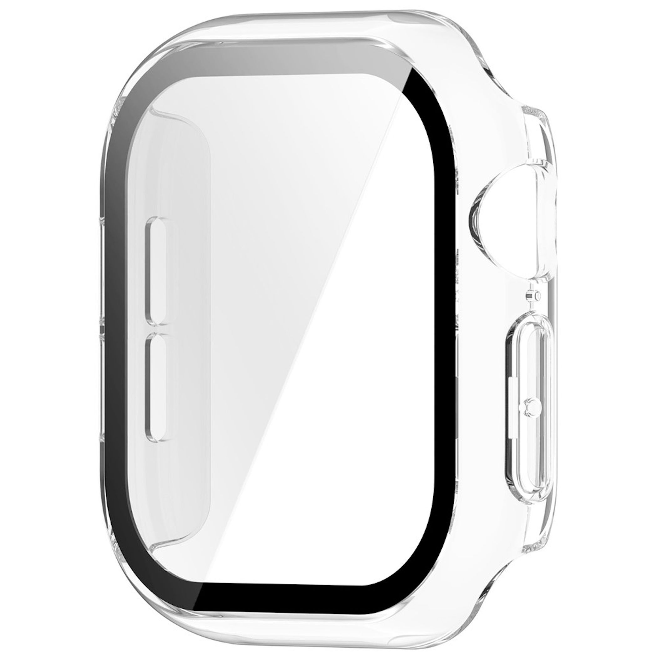 Transparente Schutzhülle für eine Smartwatch auf weißem Hintergrund.