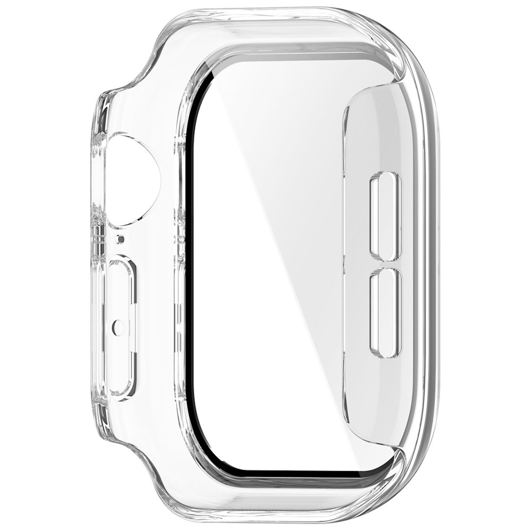 Eine klare, transparente Silikon-Schutzhülle für eine Smartwatch auf weißem Hintergrund.