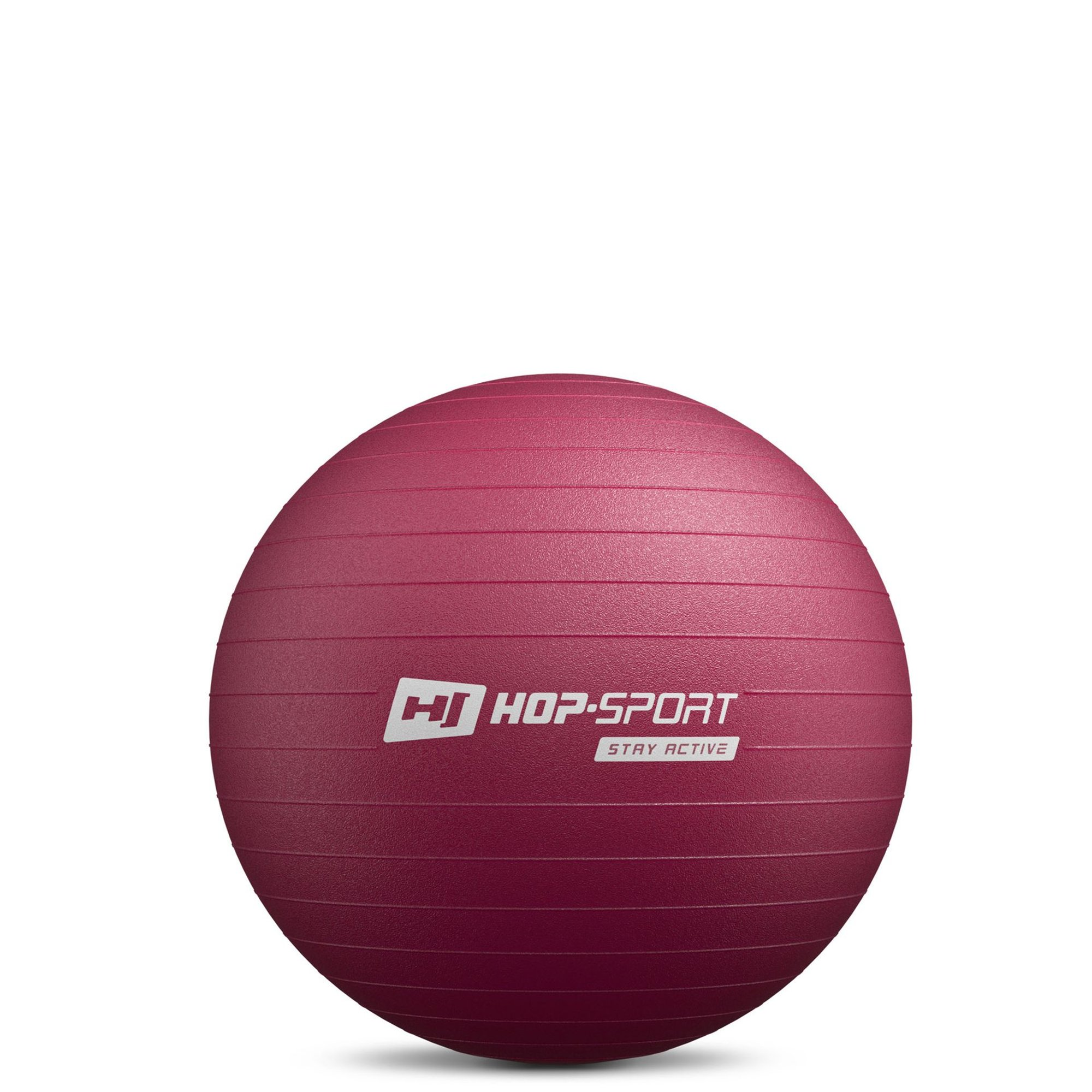 Ein rosafarbener Gymnastikball mit dem weißen Logo Hop-Sport und der Aufschrift Stay Active auf weißem Hintergrund.