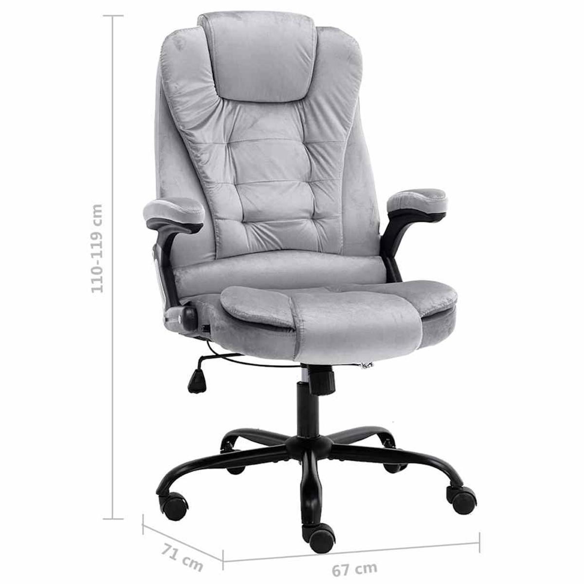 Grauer gepolsterter Buerostuhl mit schwarzen Beinen und Rollen, Dimensionen 110-119x71x67 cm.