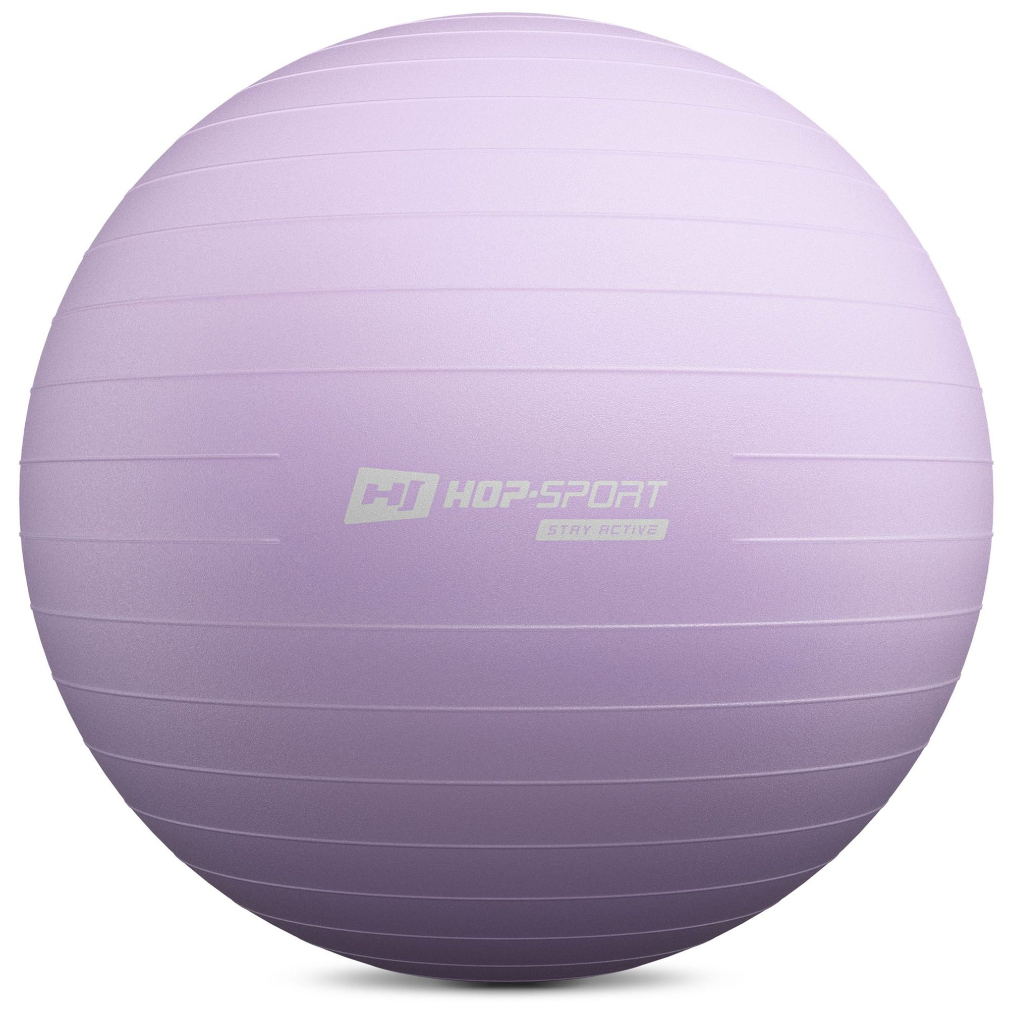 Ein lilafarbener Gymnastikball mit horizontalen Rillen und der Aufschrift HOP-SPORT in der Mitte auf weißem Grund.