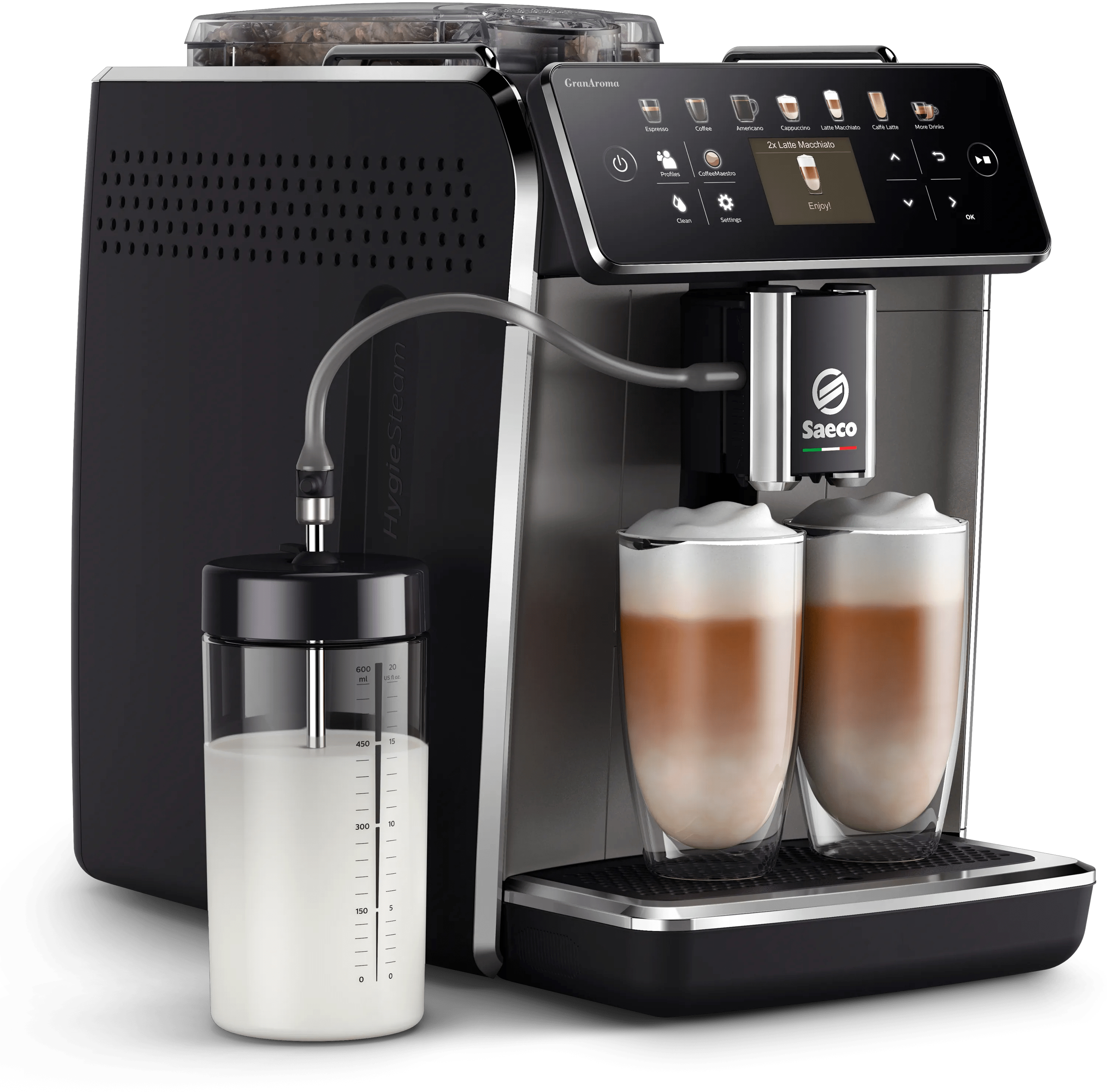 Moderna macchina da caffè nera con contenitore per il latte e due bicchieri di latte macchiato.